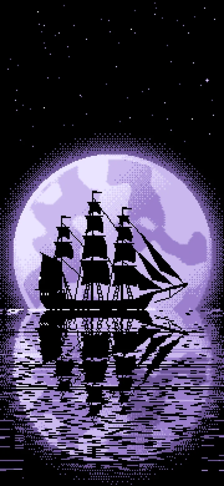Lavender Pixel Art Sailing Ship and Full Moon wallpaper for iPhone and Android