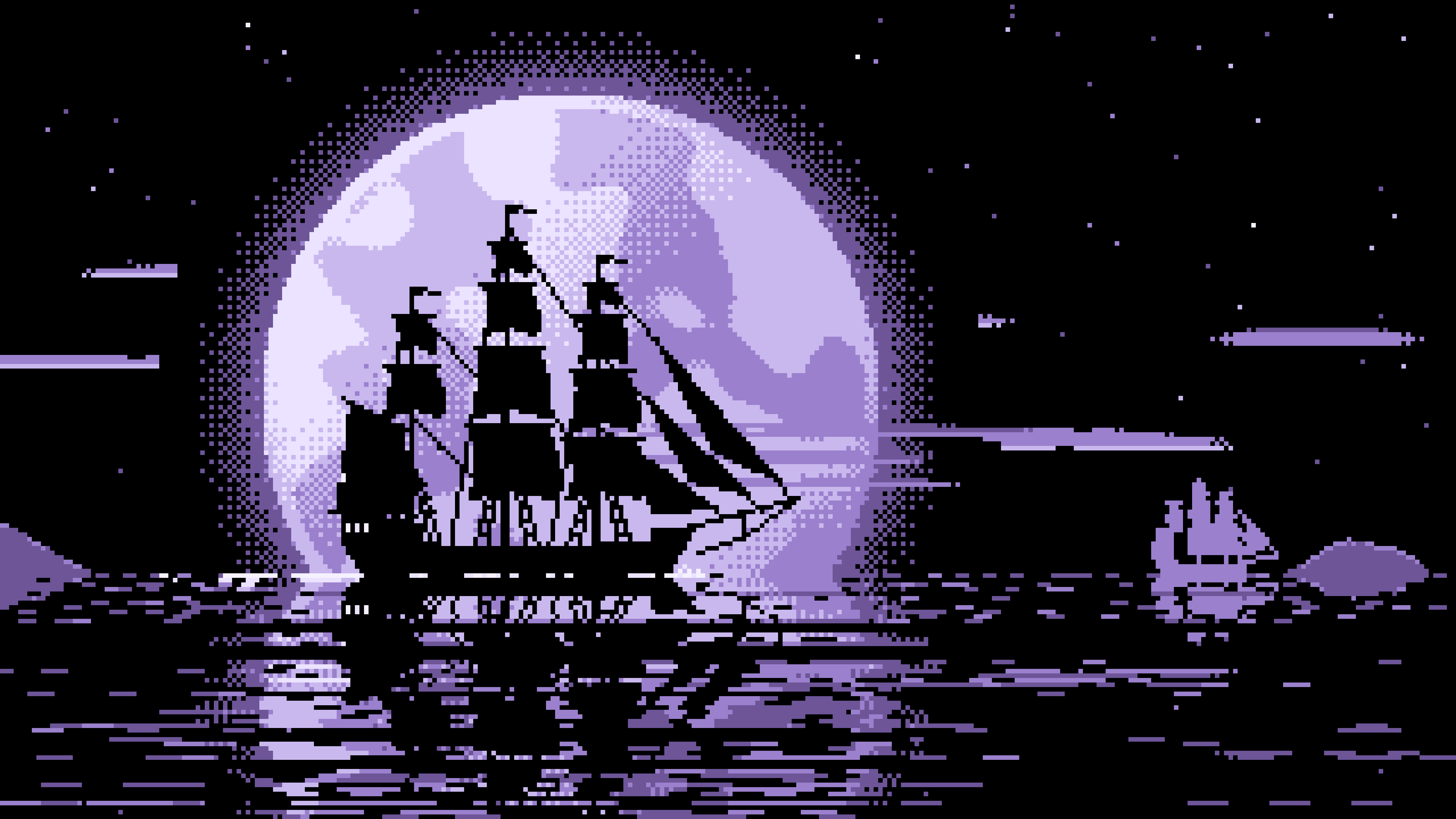 Lavender Pixel Art Sailing Ship and Full Moon desktop wallpaper in 4K