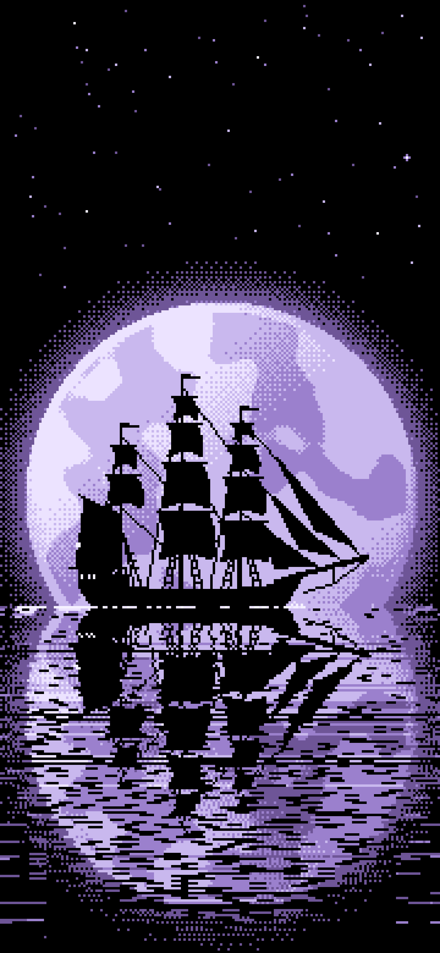 Lavender Pixel Art Sailing Ship and Full Moon wallpaper for iPhone and Android
