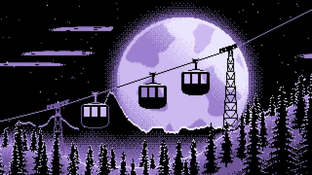 Lavender Pixel Art Ski Gondola and Full Moon desktop wallpaper in 4K
