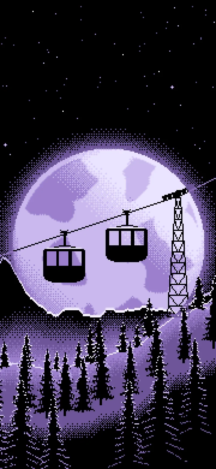 Lavender Pixel Art Ski Gondola and Full Moon wallpaper for iPhone and Android
