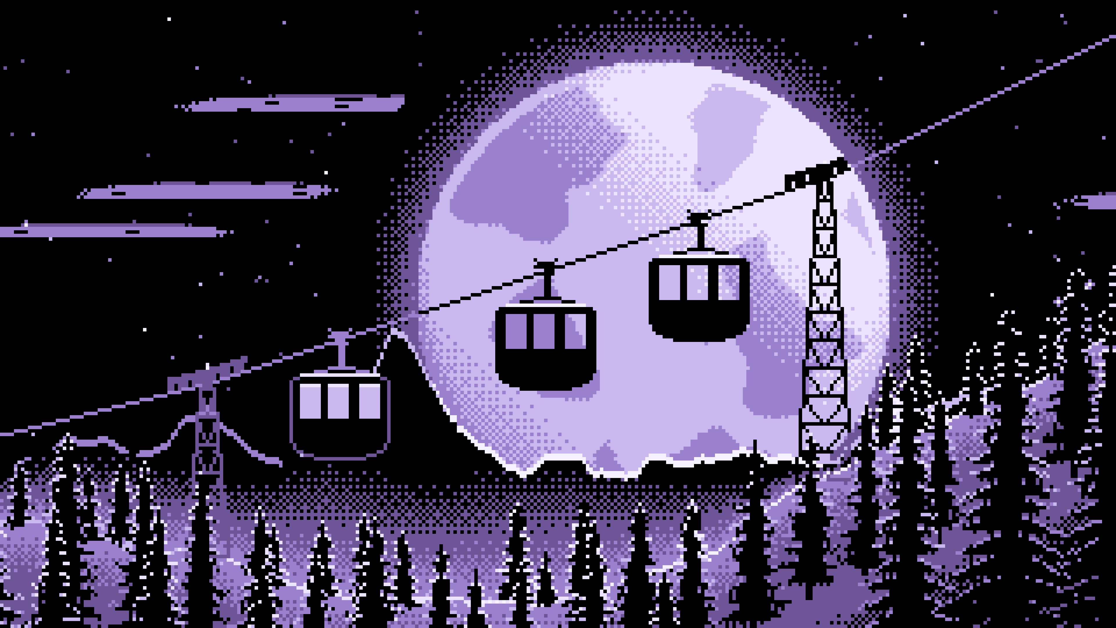 Lavender Pixel Art Ski Gondola and Full Moon desktop wallpaper in 4K