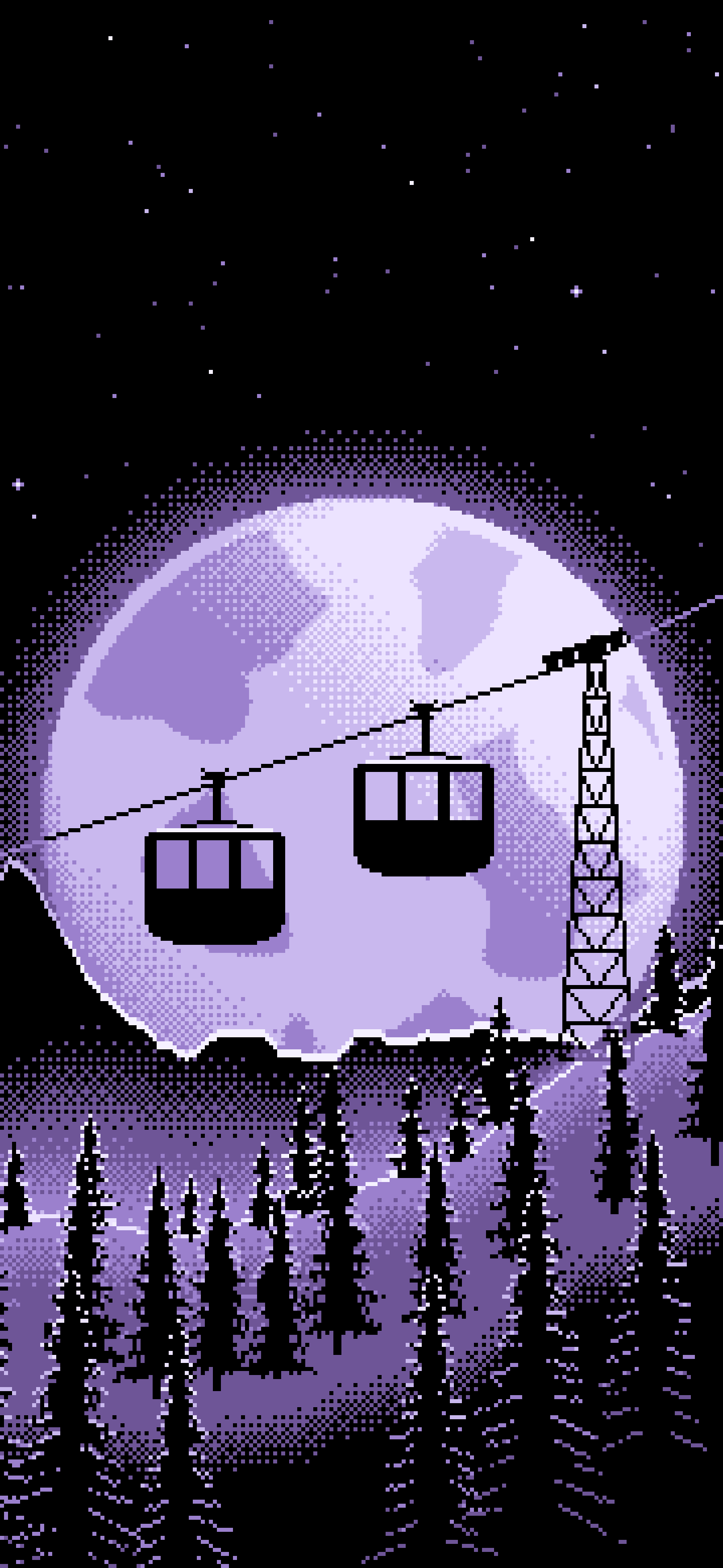 Lavender Pixel Art Ski Gondola and Full Moon wallpaper for iPhone and Android