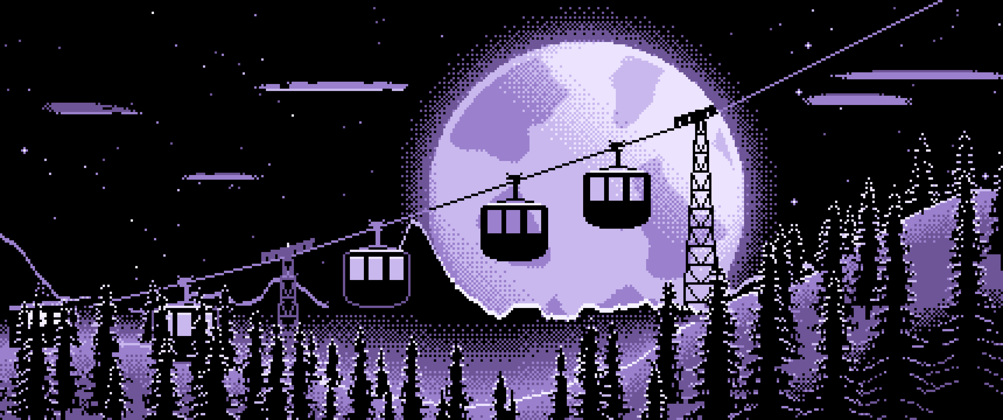 Lavender Pixel Art Ski Gondola and Full Moon ultrawide wallpaper, 3440 × 1440