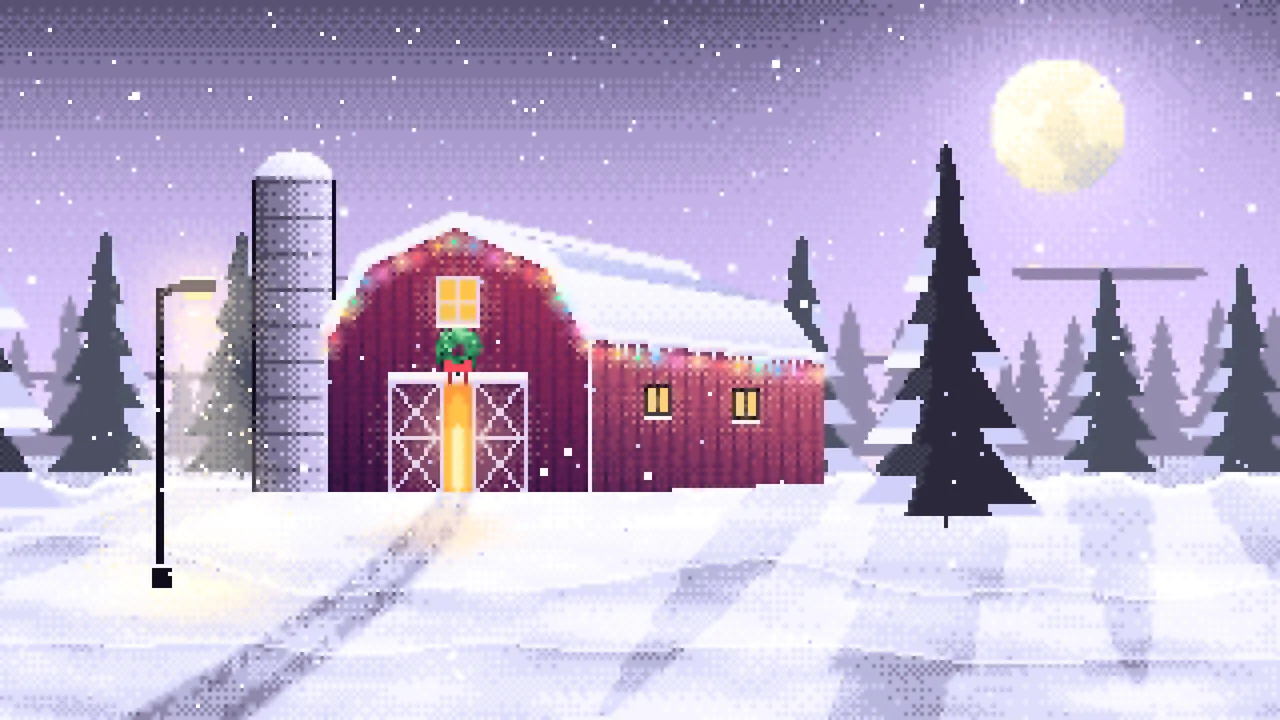 Lavender Pixel Art Snowy Barn with Christmas Lights desktop wallpaper in 4K