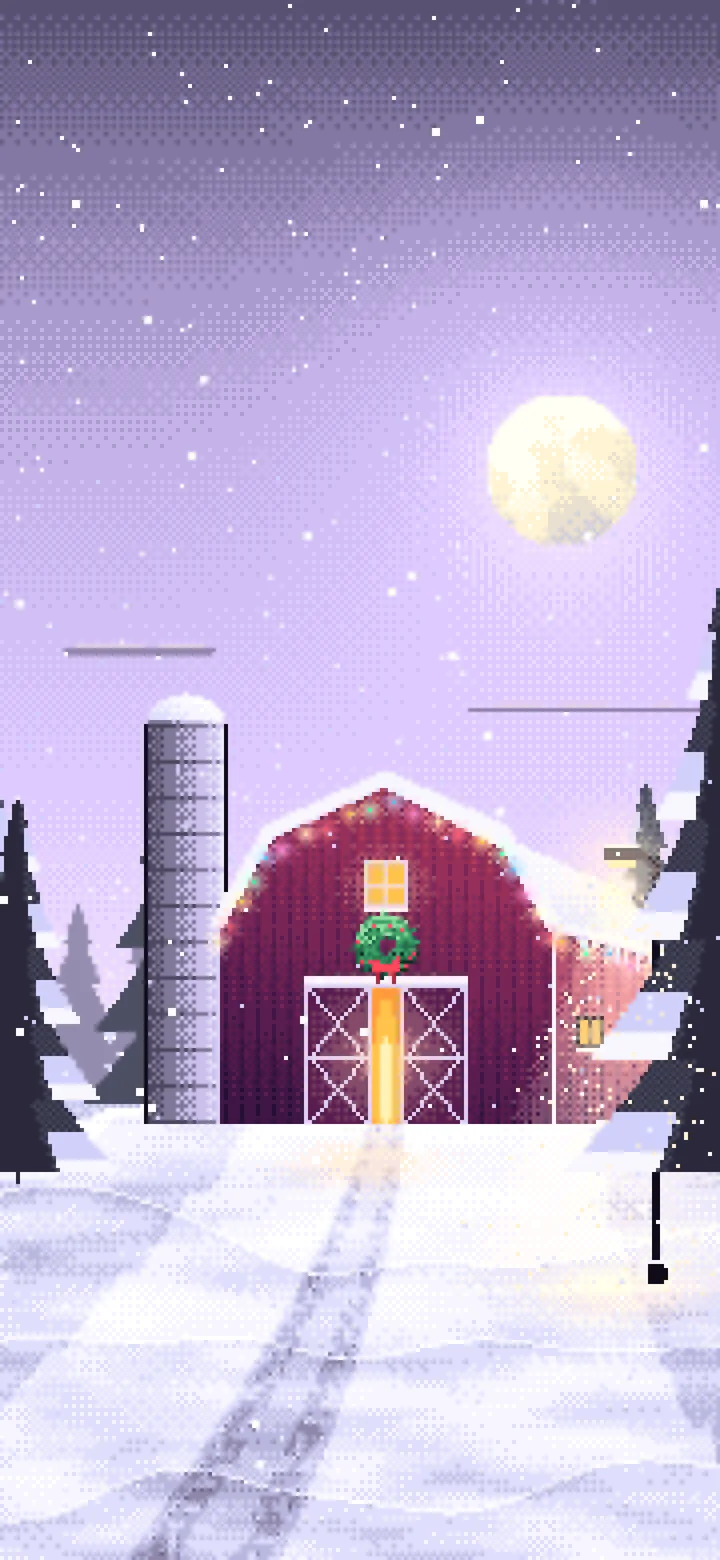 Lavender Pixel Art Snowy Barn with Christmas Lights wallpaper for iPhone and Android