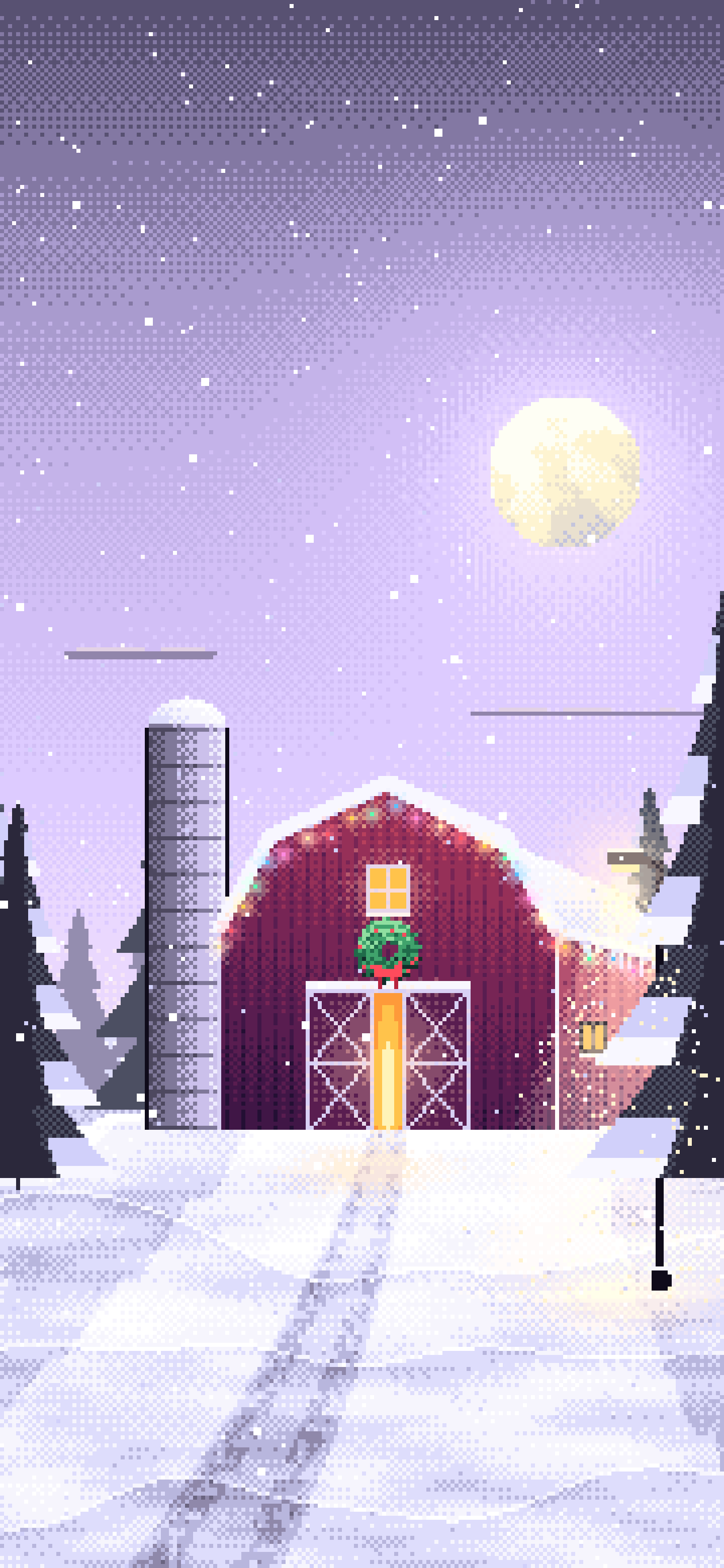 Lavender Pixel Art Snowy Barn with Christmas Lights wallpaper for iPhone and Android