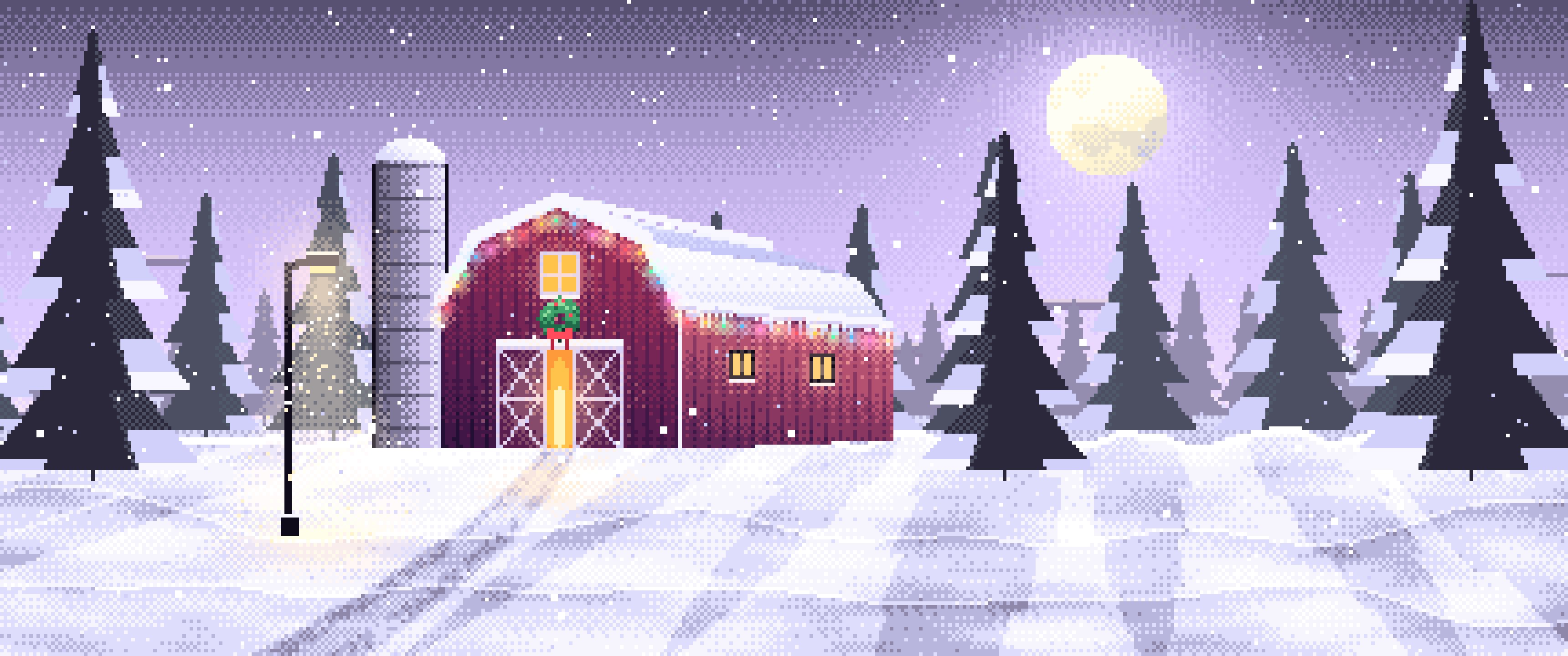 Lavender Pixel Art Snowy Barn with Christmas Lights ultrawide wallpaper, 3440 × 1440