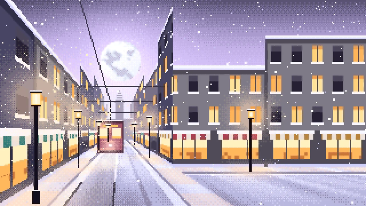 Lavender Pixel Art Snowy City Street desktop wallpaper in 4K