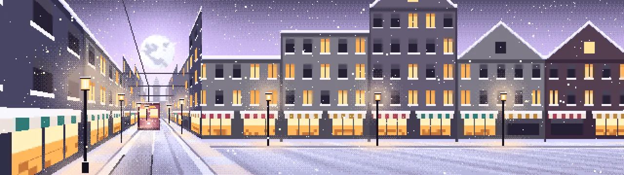 Lavender Pixel Art Snowy City Street dual monitor wallpaper, 7680 × 2160