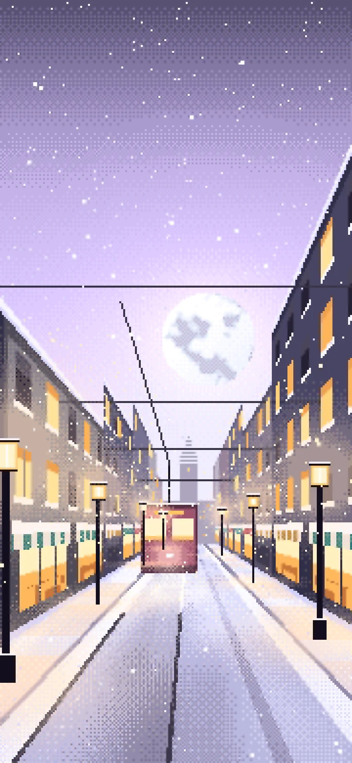 Lavender Pixel Art Snowy City Street wallpaper for iPhone and Android