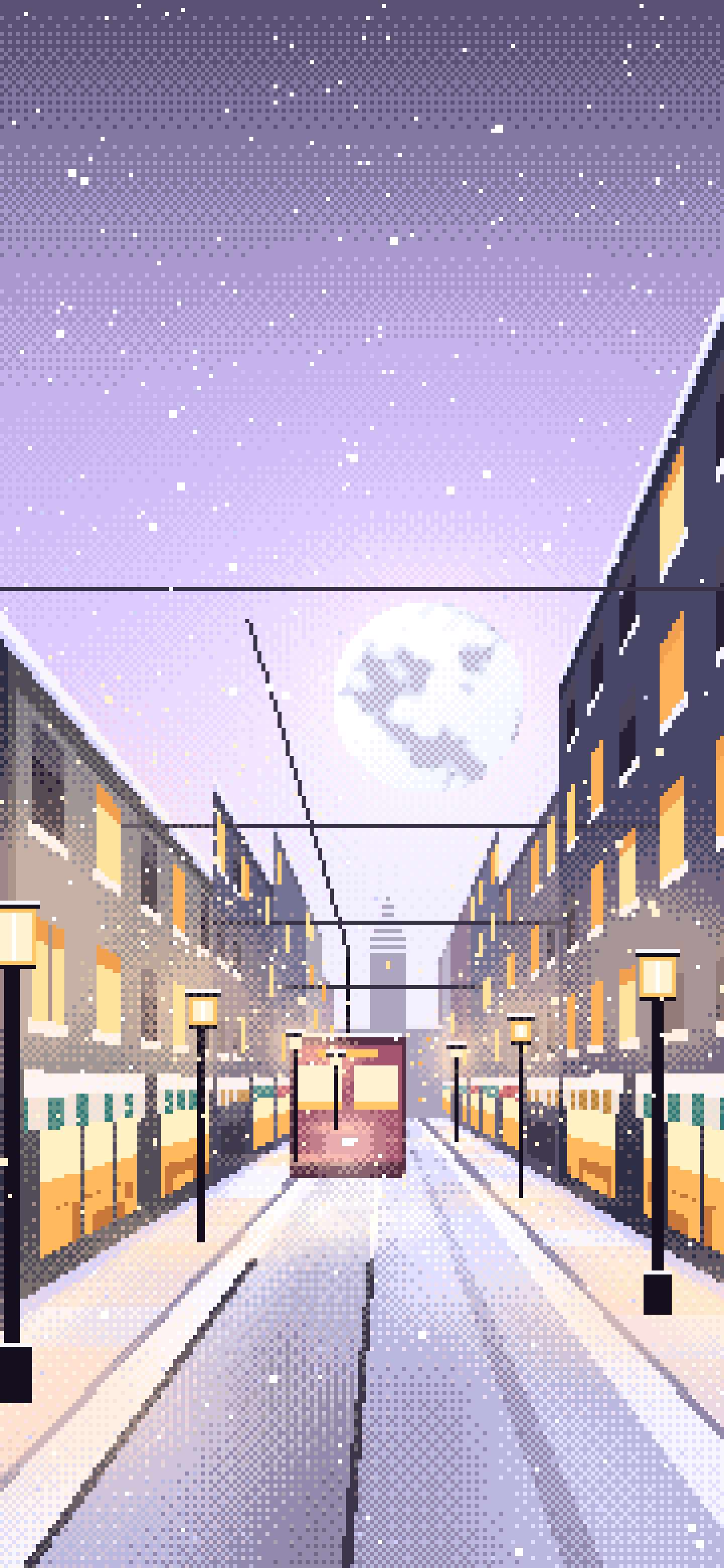 Lavender Pixel Art Snowy City Street wallpaper for iPhone and Android