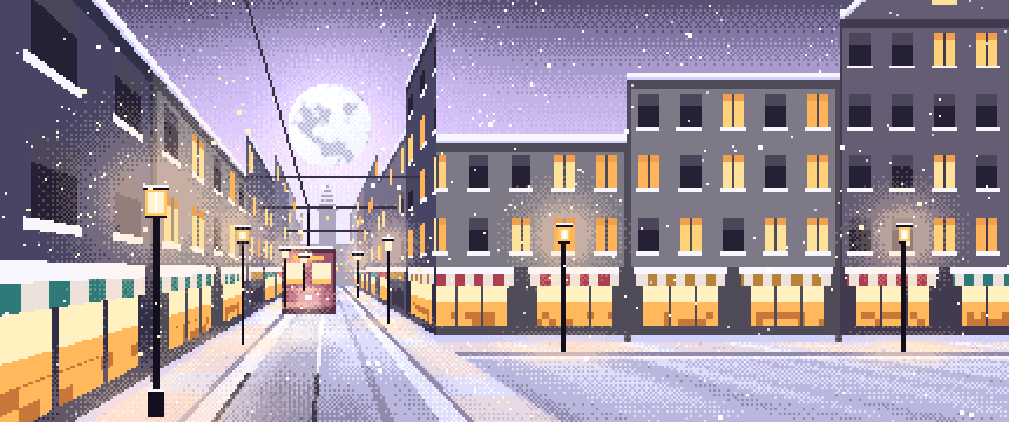 Lavender Pixel Art Snowy City Street ultrawide wallpaper, 3440 × 1440