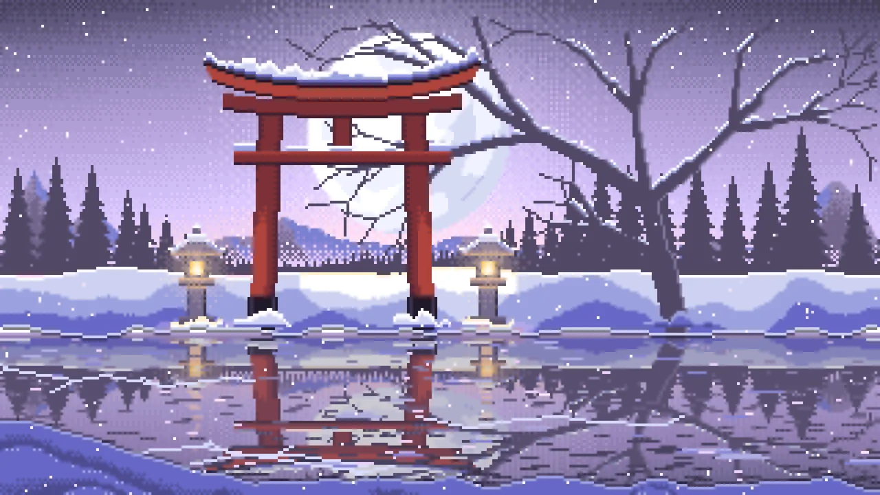 Lavender Pixel Art Snowy Torii Gate on a Frozen Lake desktop wallpaper in 4K