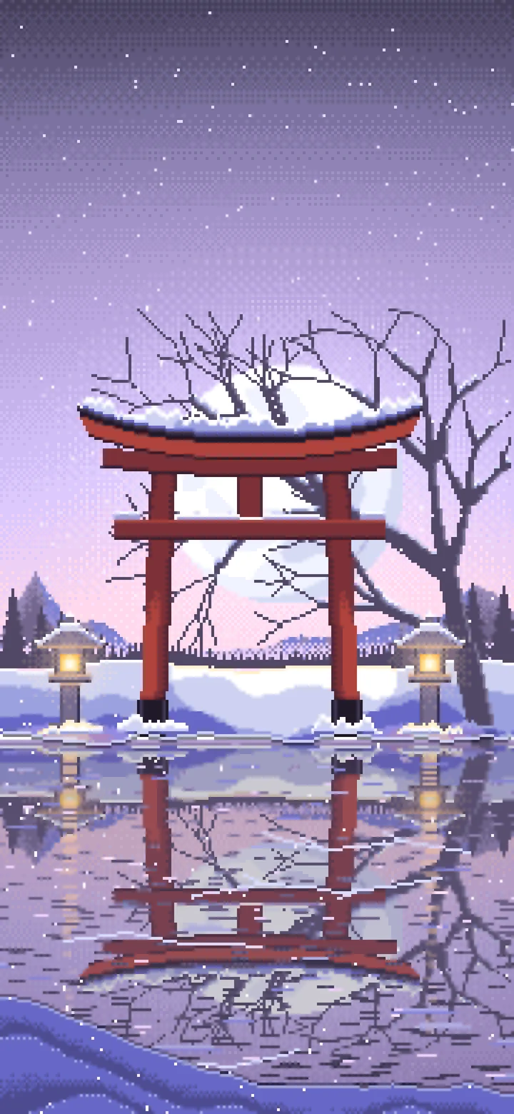 Lavender Pixel Art Snowy Torii Gate on a Frozen Lake wallpaper for iPhone and Android
