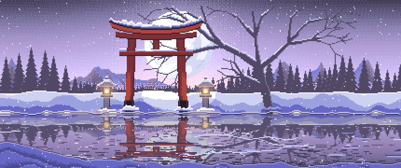 Lavender Pixel Art Snowy Torii Gate on a Frozen Lake ultrawide wallpaper, 3440 × 1440