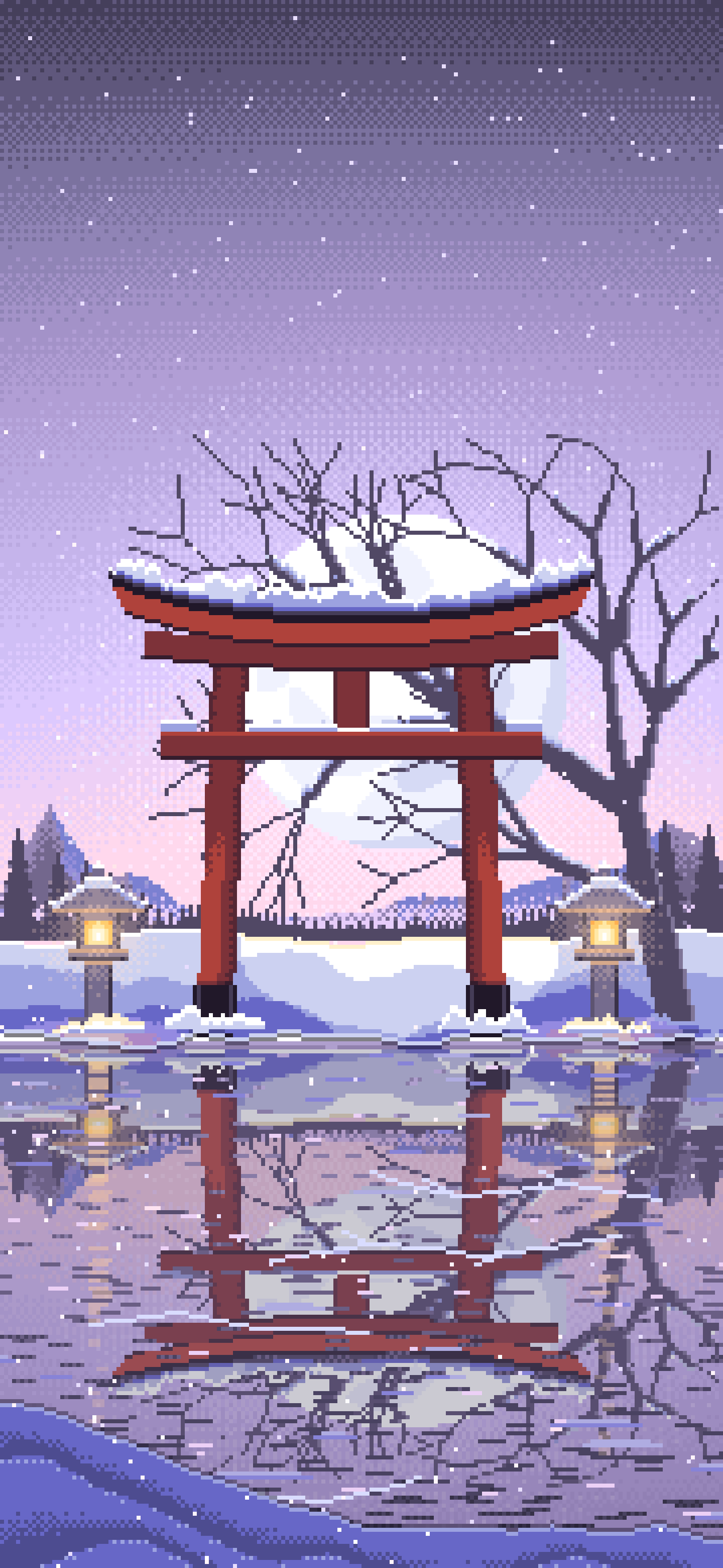 Lavender Pixel Art Snowy Torii Gate on a Frozen Lake wallpaper for iPhone and Android