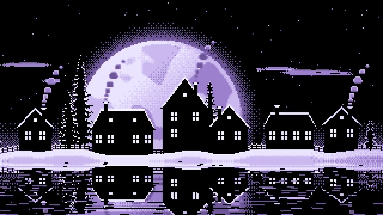 Lavender Pixel Art Snowy Village and Full Moon desktop wallpaper in 4K