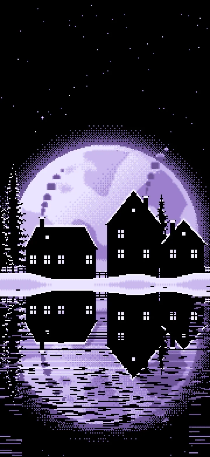 Lavender Pixel Art Snowy Village and Full Moon wallpaper for iPhone and Android