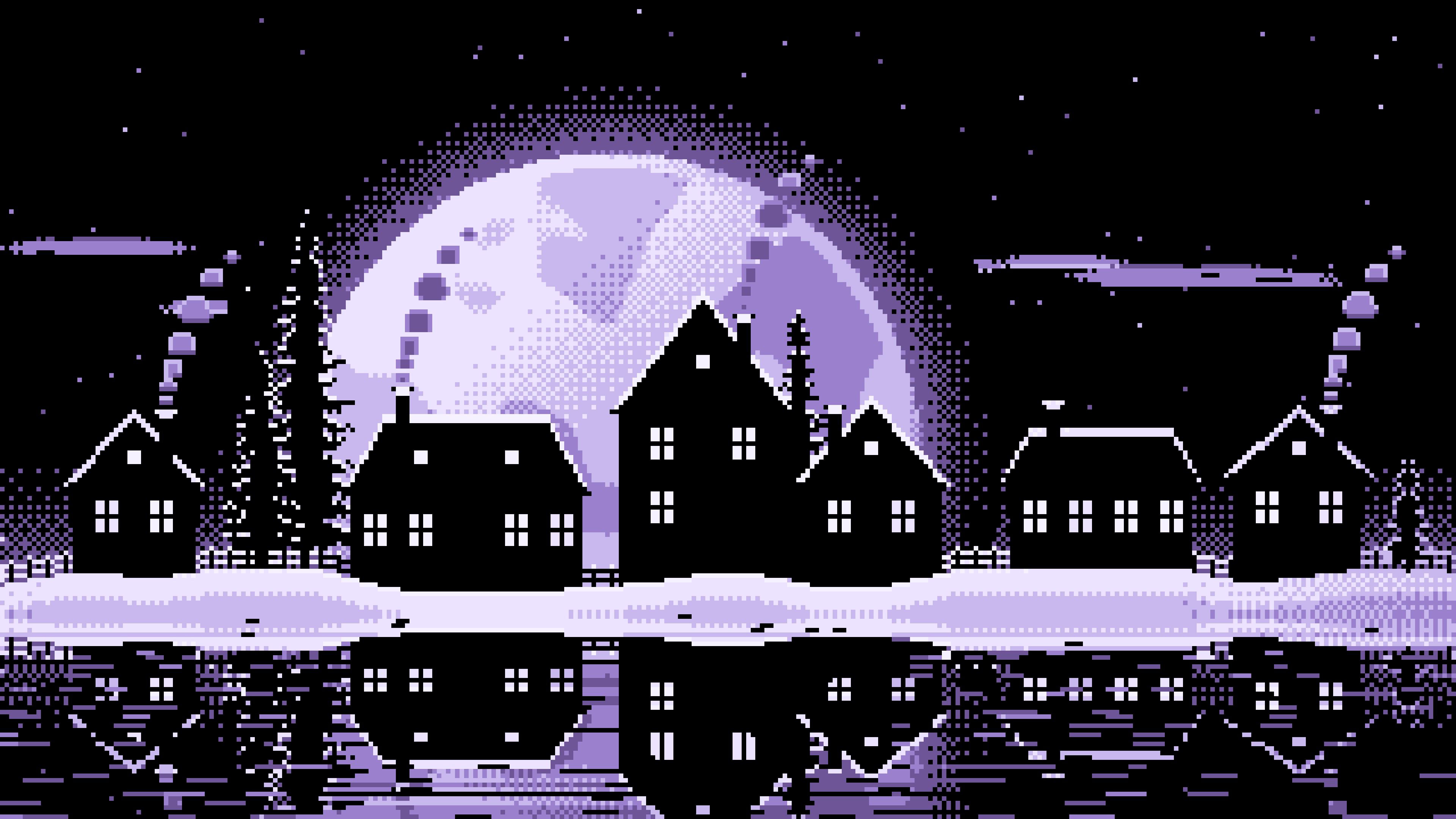 Lavender Pixel Art Snowy Village and Full Moon desktop wallpaper in 4K