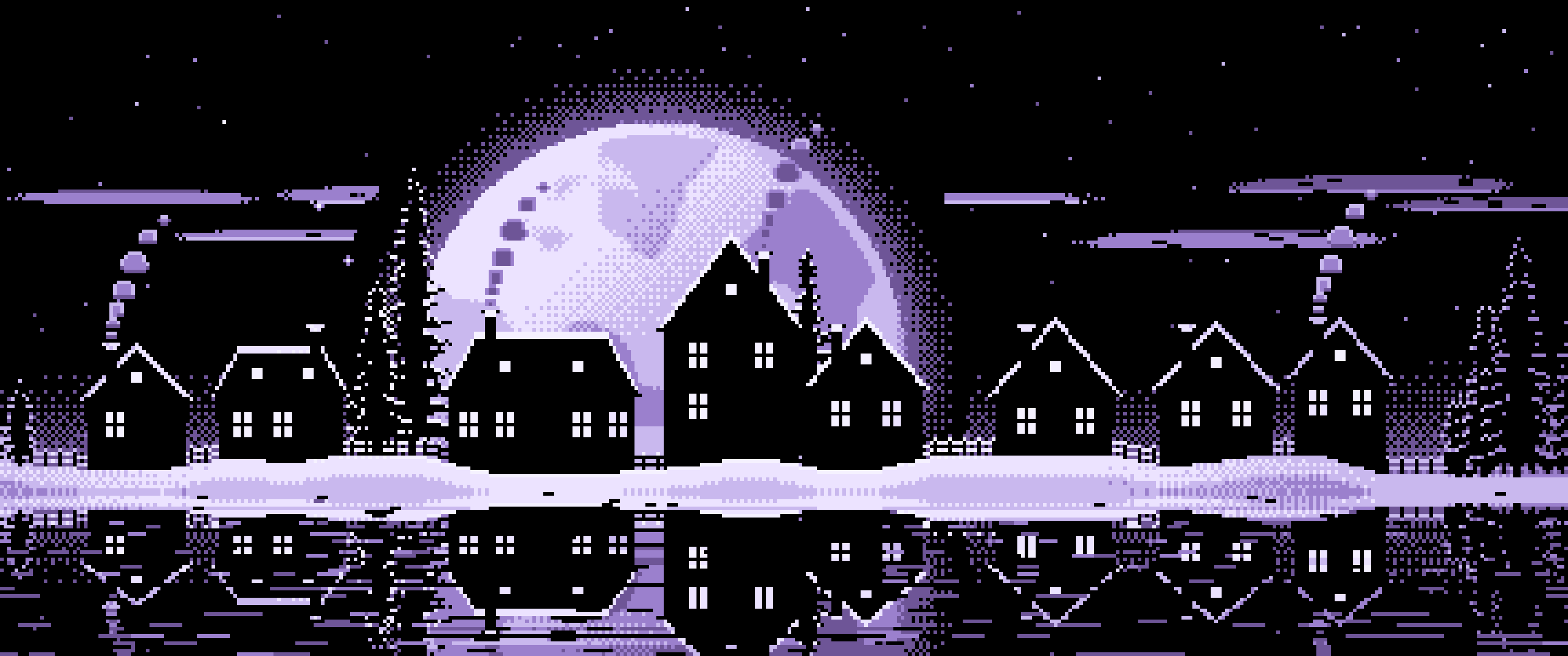 Lavender Pixel Art Snowy Village and Full Moon ultrawide wallpaper, 3440 × 1440
