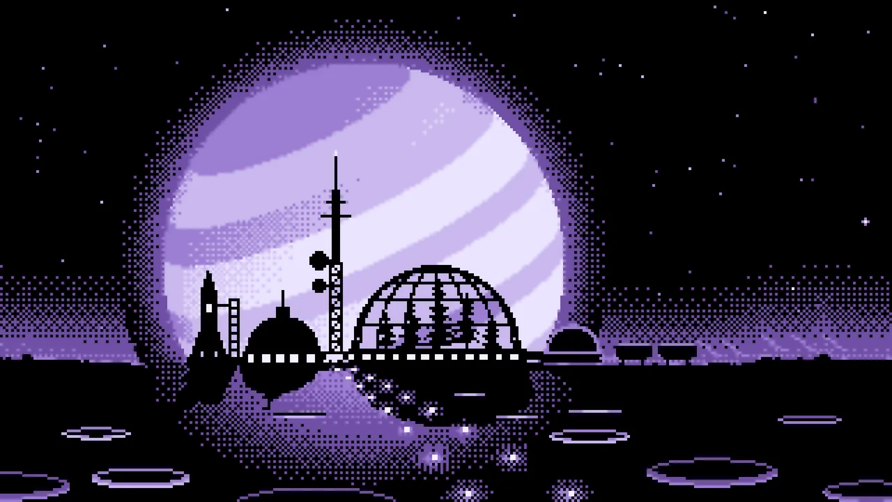 Lavender Pixel Art Space Colony and Planet desktop wallpaper in 4K