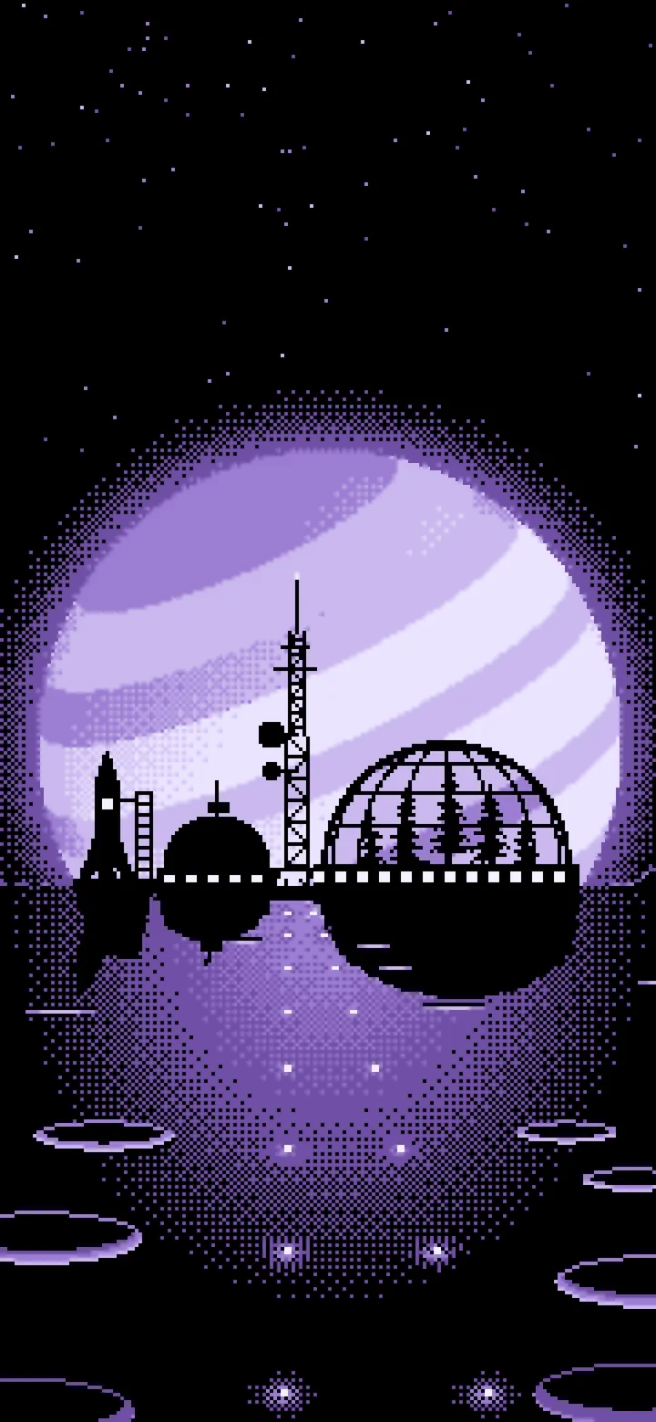Lavender Pixel Art Space Colony and Planet wallpaper for iPhone and Android