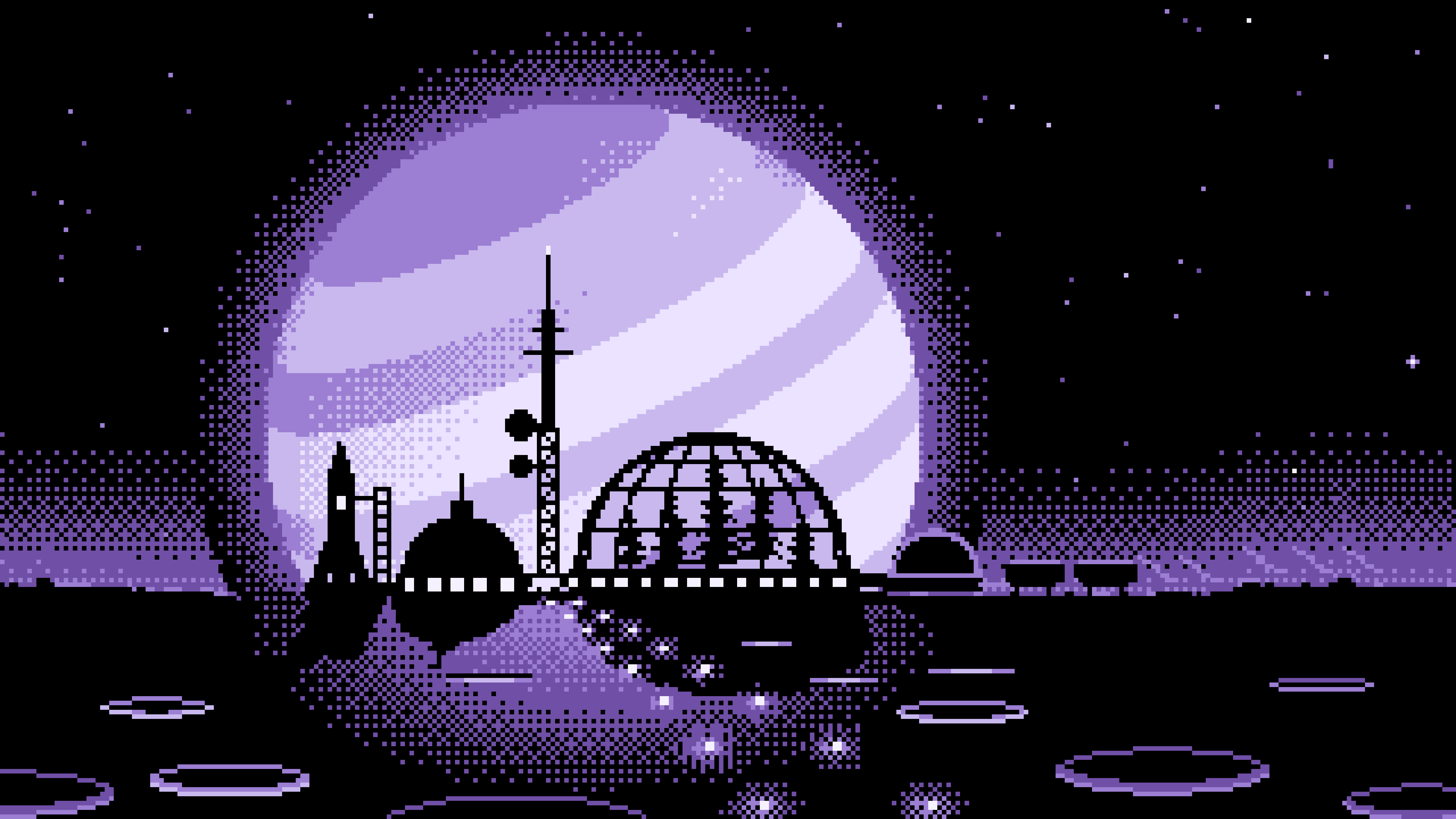 Lavender Pixel Art Space Colony and Planet desktop wallpaper in 4K