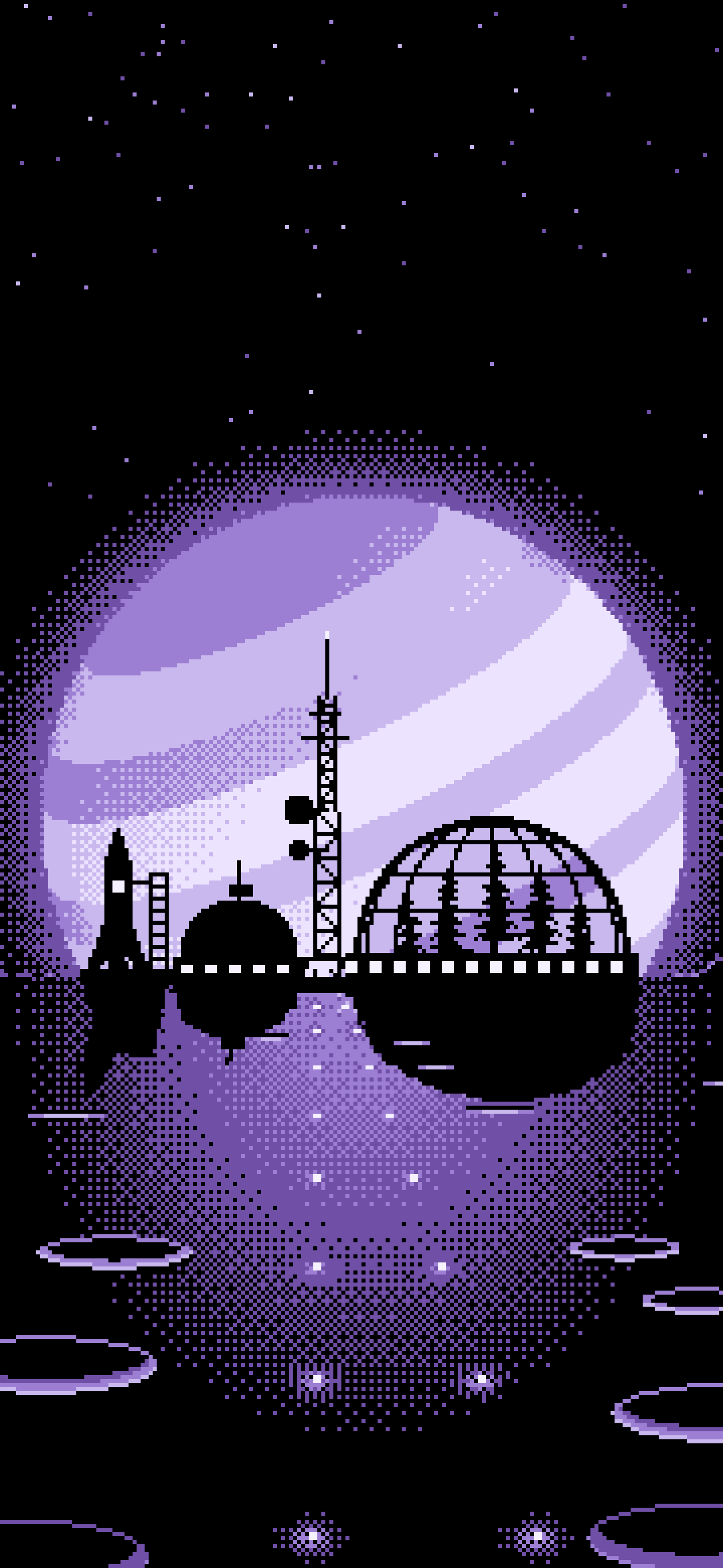 Lavender Pixel Art Space Colony and Planet wallpaper for iPhone and Android