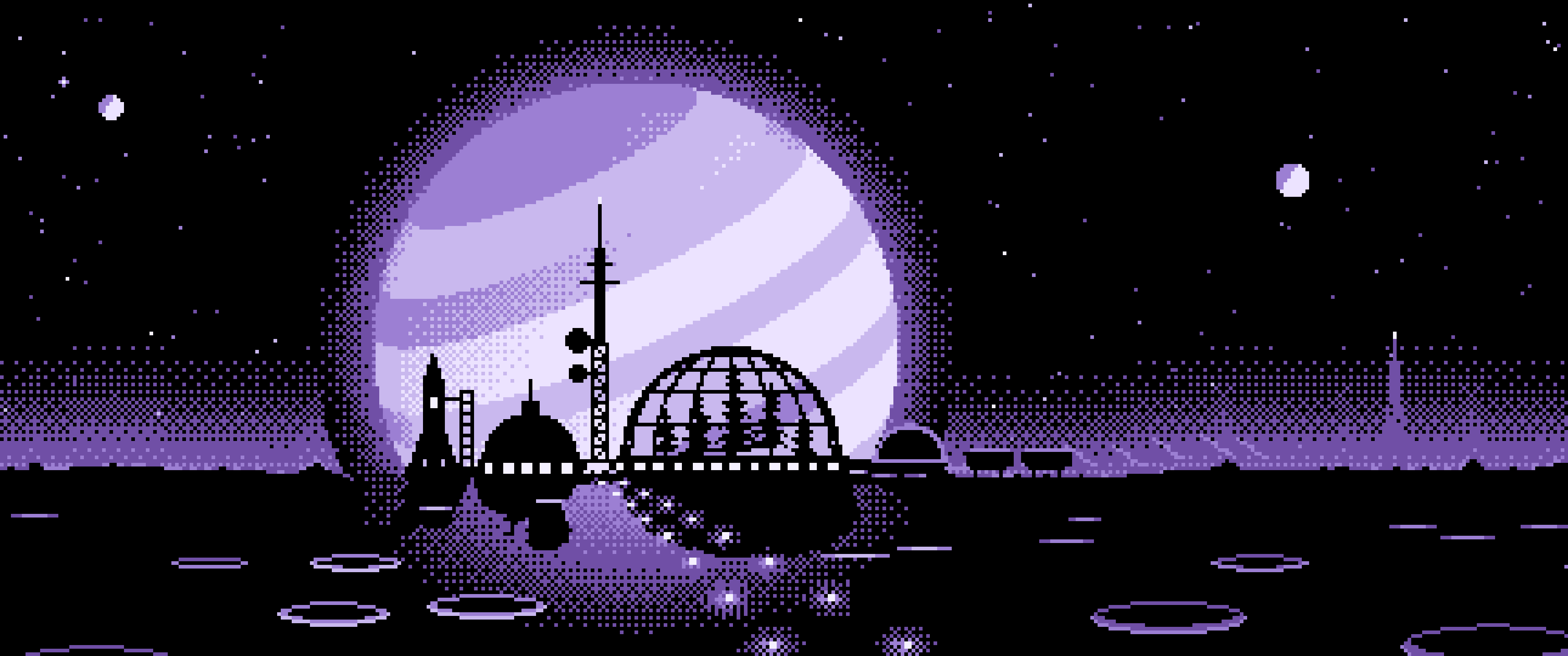 Lavender Pixel Art Space Colony and Planet ultrawide wallpaper, 3440 × 1440
