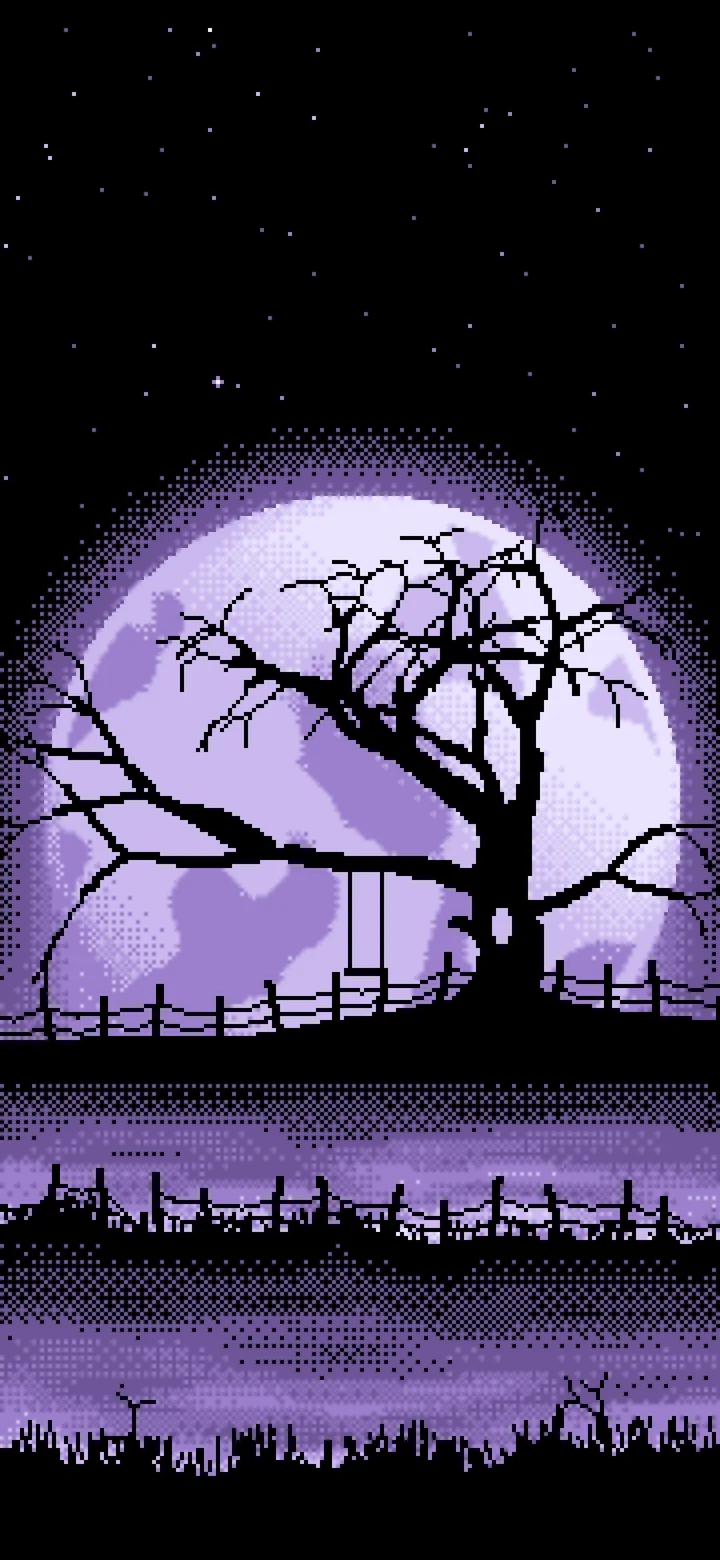 Lavender Pixel Art Spooky Tree and Full Moon wallpaper for iPhone and Android