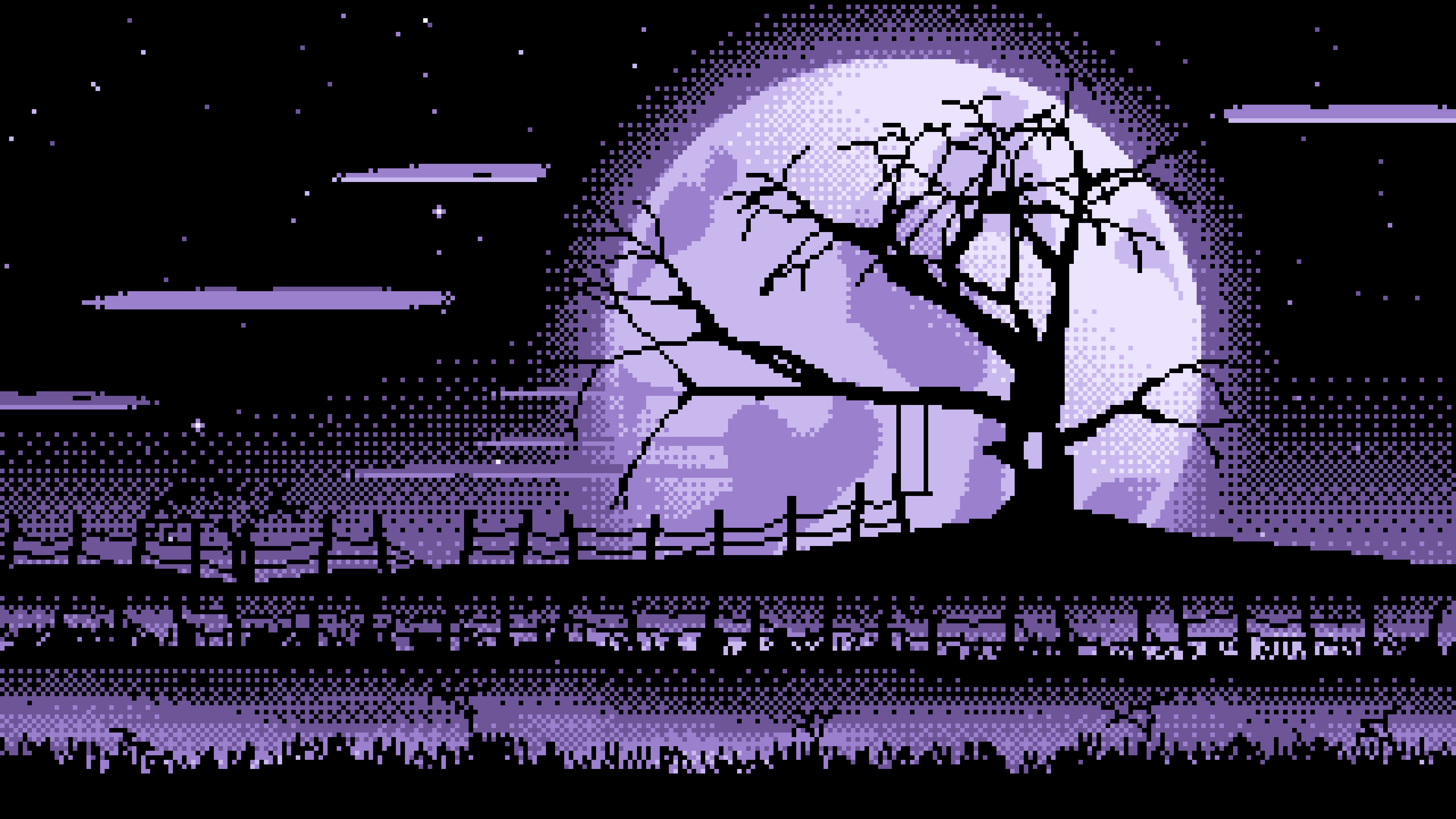 Lavender Pixel Art Spooky Tree and Full Moon desktop wallpaper in 4K