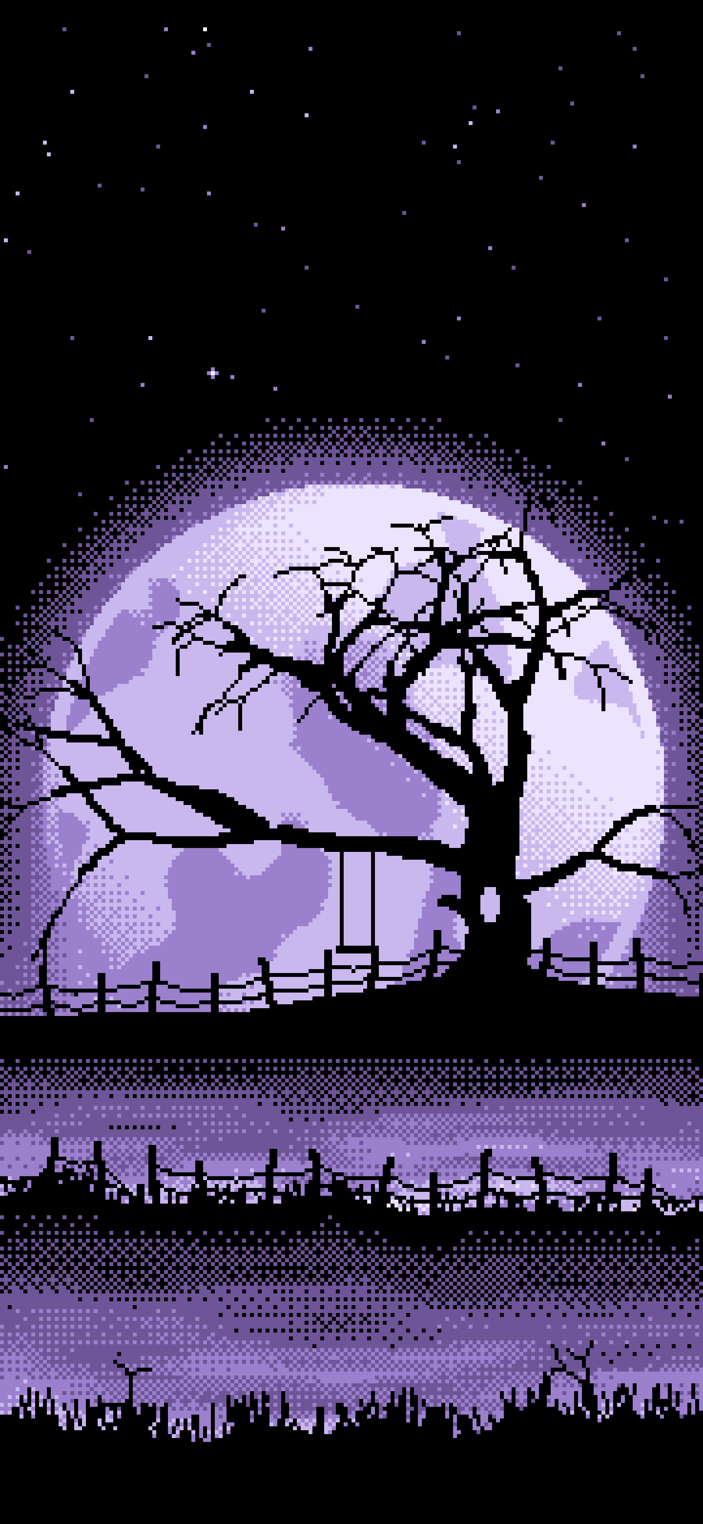 Lavender Pixel Art Spooky Tree and Full Moon wallpaper for iPhone and Android