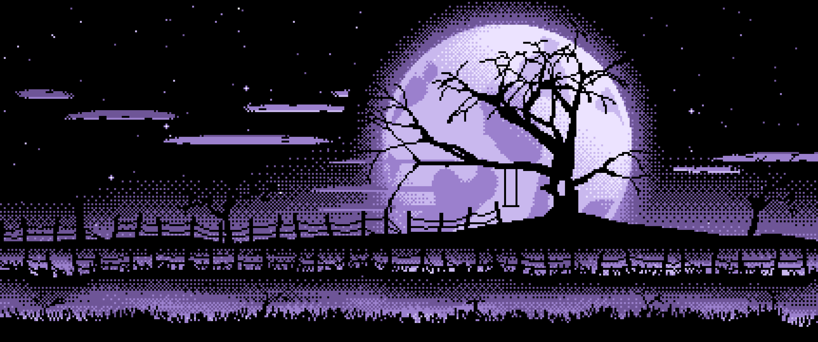 Lavender Pixel Art Spooky Tree and Full Moon ultrawide wallpaper, 3440 × 1440