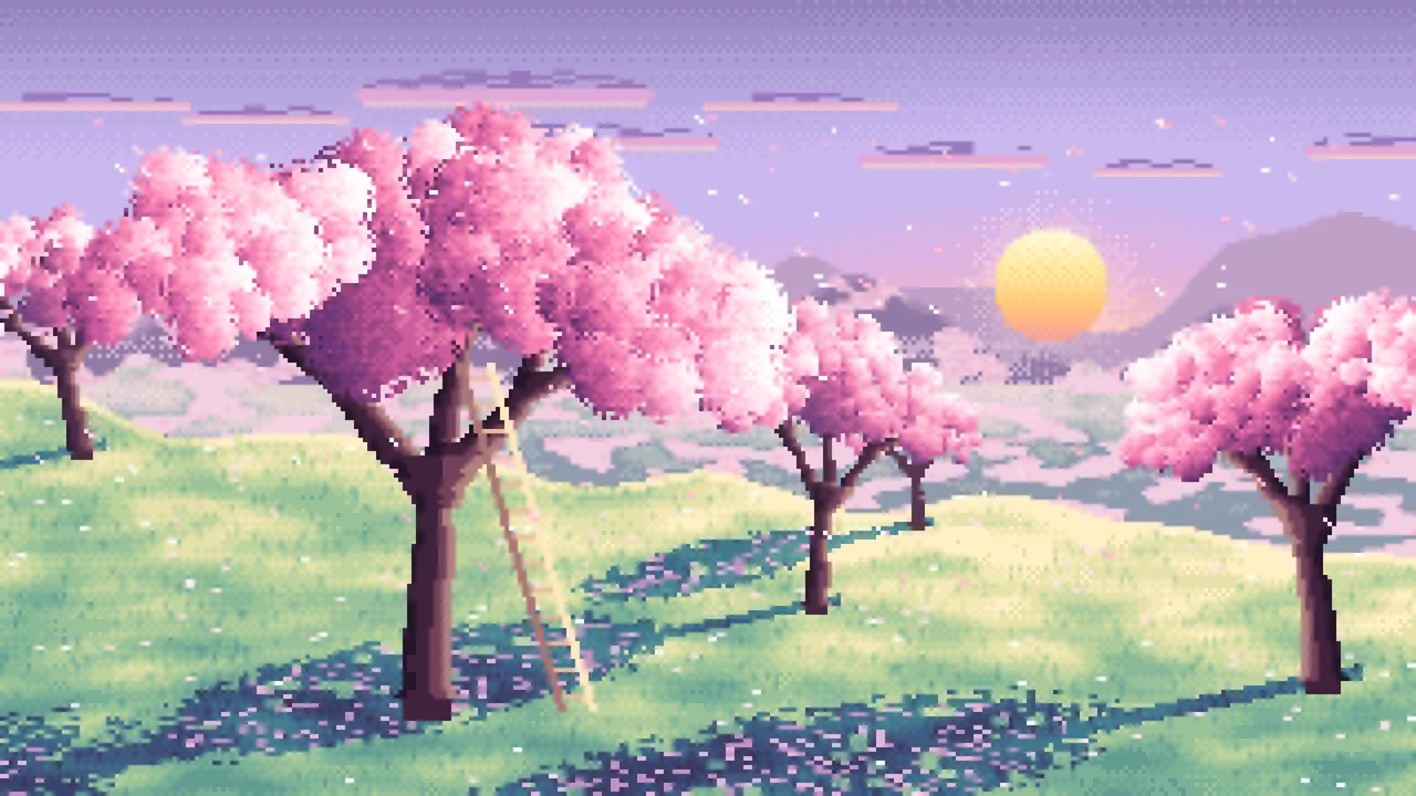 Lavender Pixel Art Spring Orchard at Sunrise desktop wallpaper in 4K