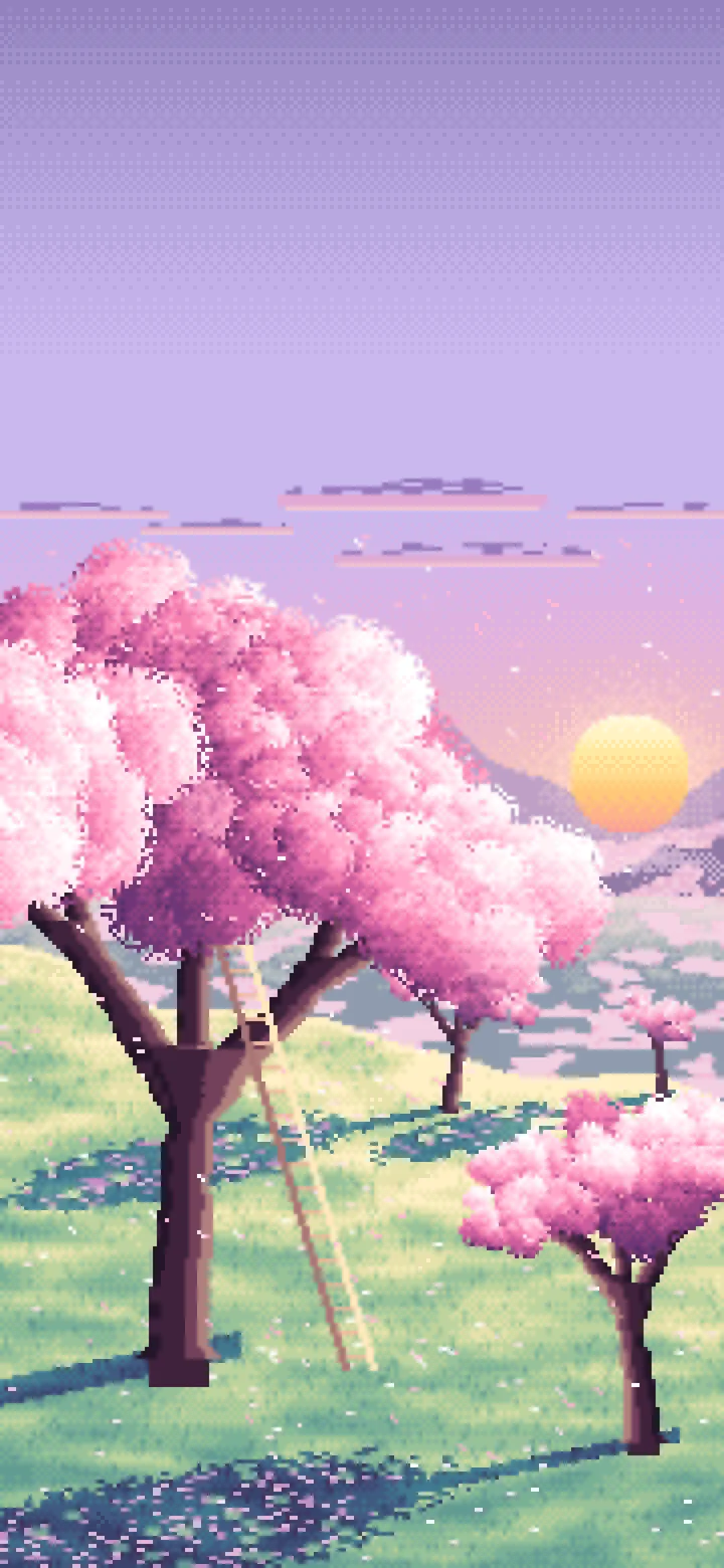 Lavender Pixel Art Spring Orchard at Sunrise wallpaper for iPhone and Android