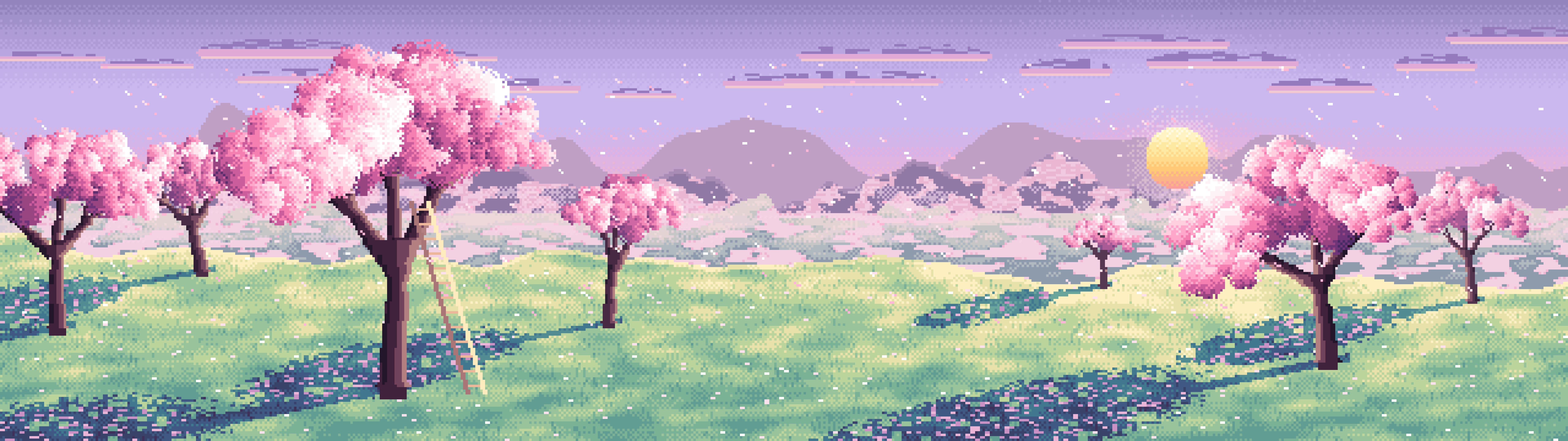 Lavender Pixel Art Spring Orchard at Sunrise dual monitor wallpaper, 7680 × 2160