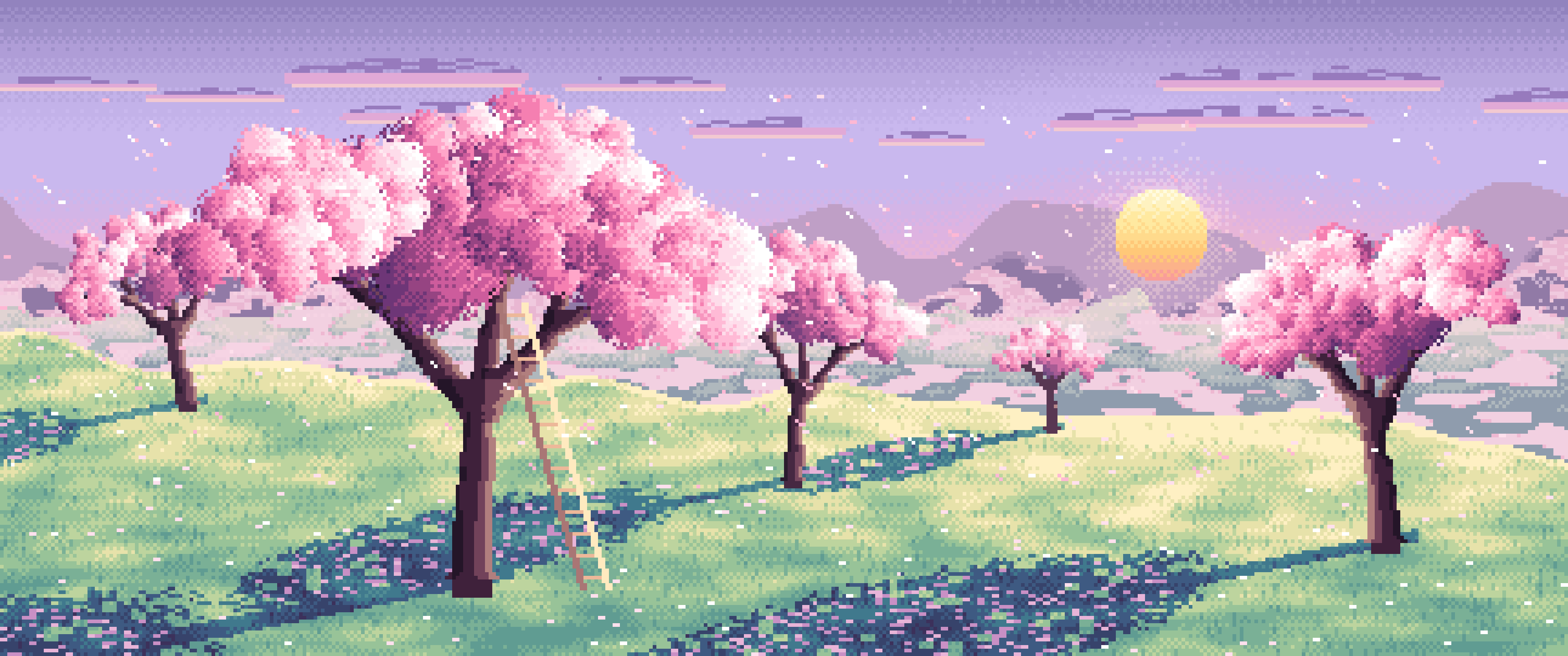 Lavender Pixel Art Spring Orchard at Sunrise ultrawide wallpaper, 3440 × 1440