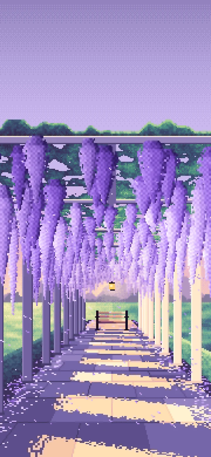 Lavender Pixel Art Spring Wisteria Pergola wallpaper for iPhone and Android