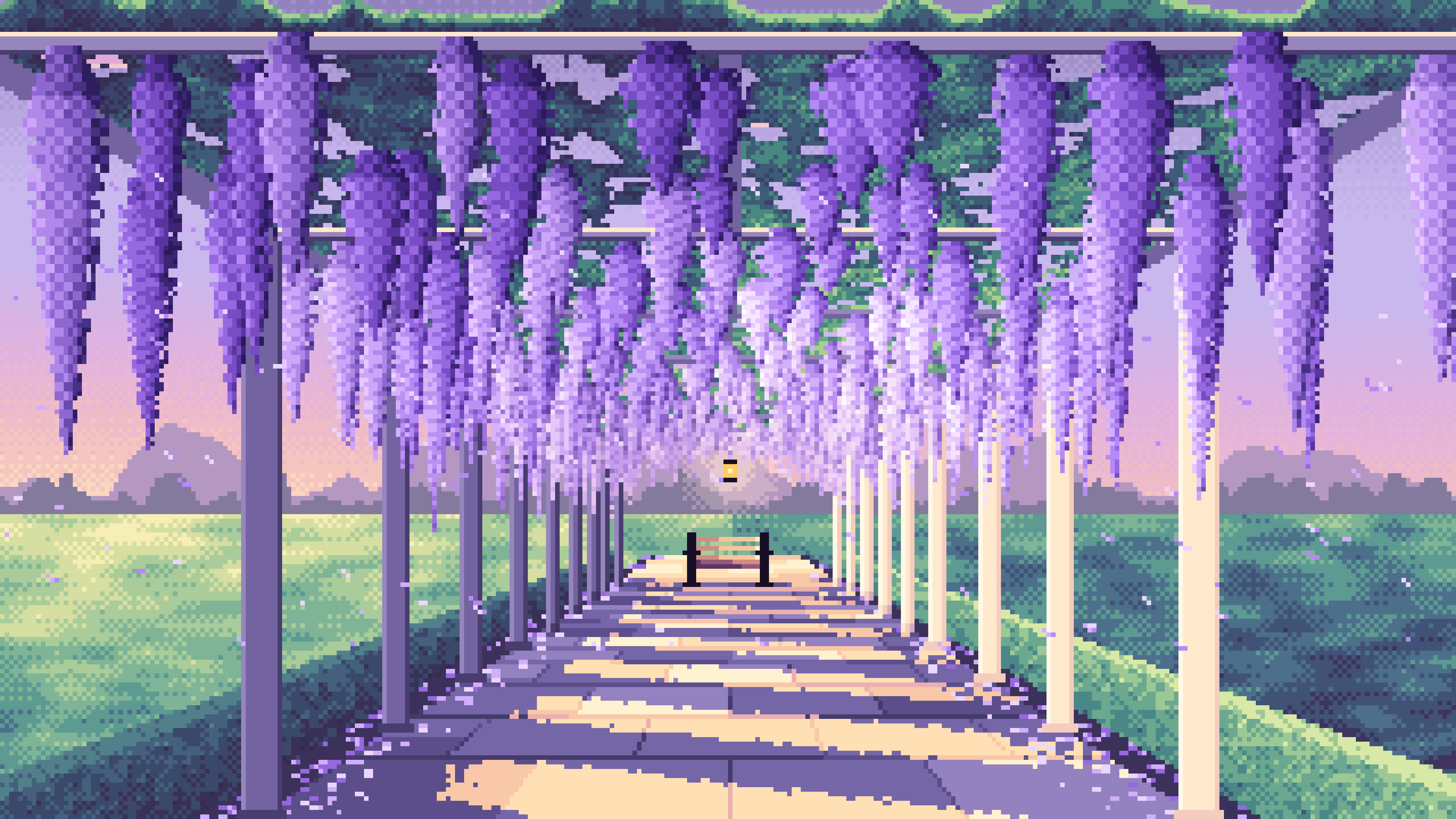 Lavender Pixel Art Spring Wisteria Pergola desktop wallpaper in 4K
