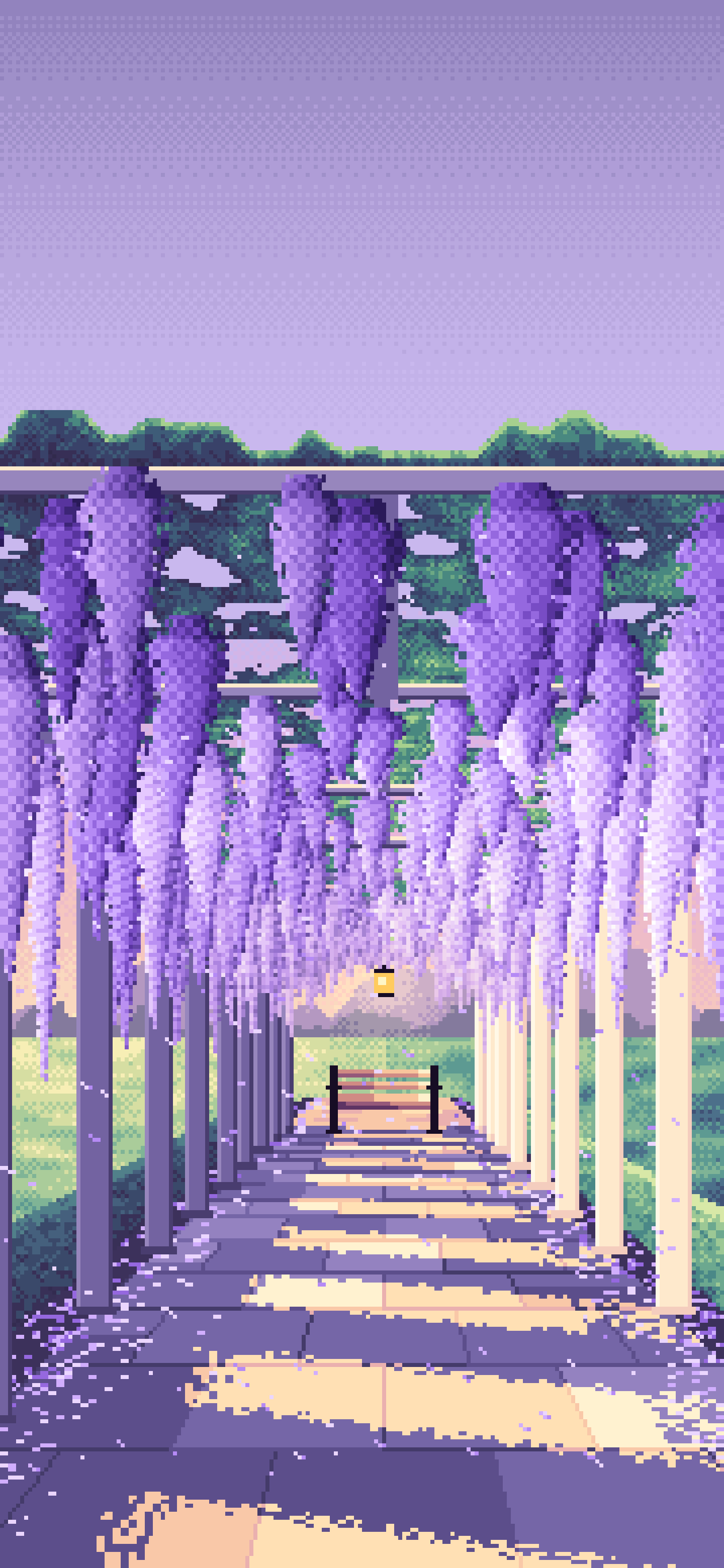 Lavender Pixel Art Spring Wisteria Pergola wallpaper for iPhone and Android