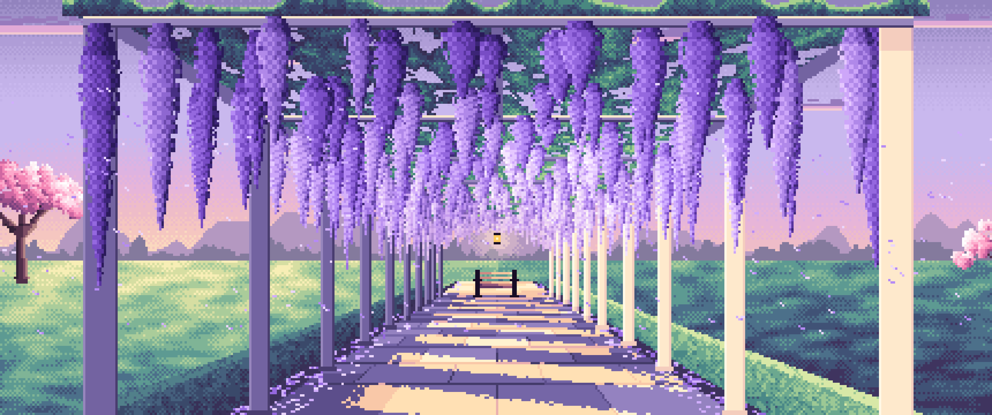 Lavender Pixel Art Spring Wisteria Pergola ultrawide wallpaper, 3440 × 1440