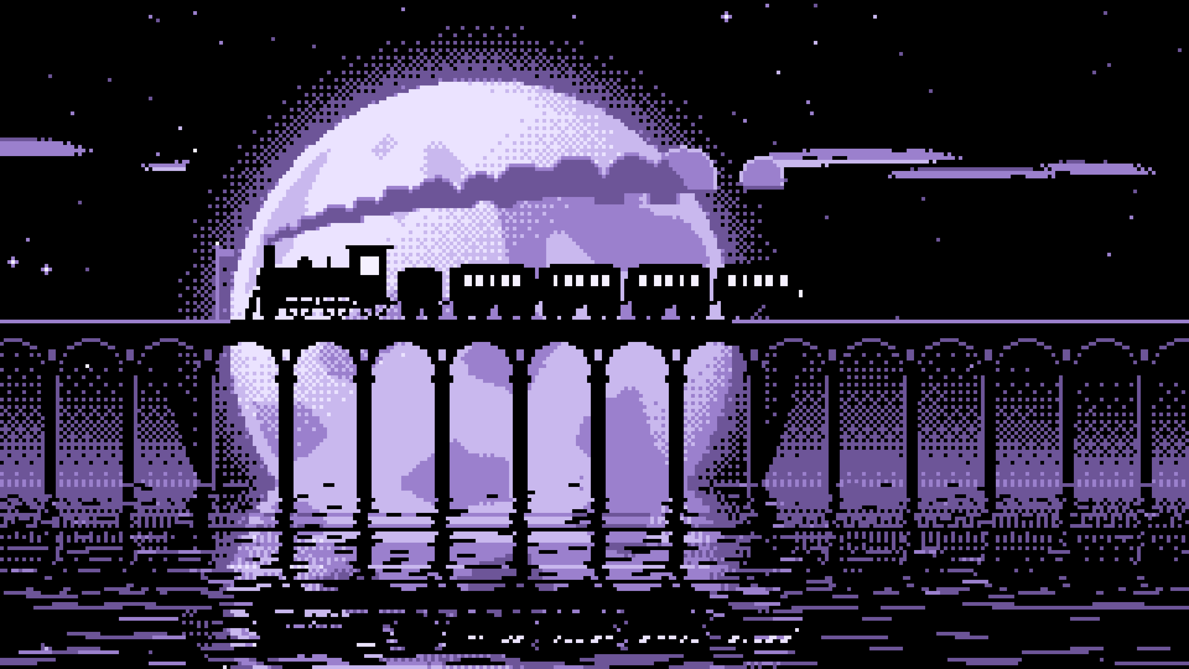 Lavender Pixel Art Steam Train and Full Moon desktop wallpaper in 4K