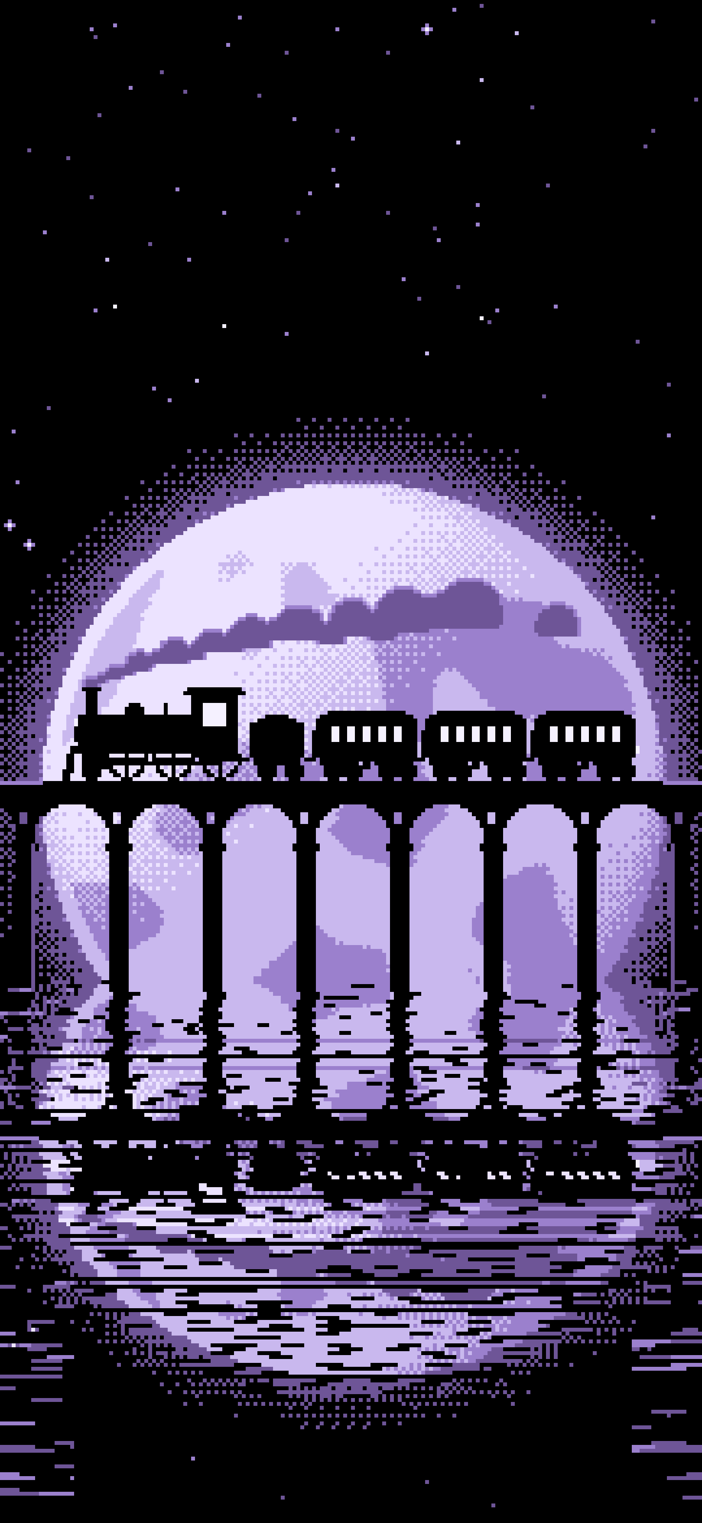 Lavender Pixel Art Steam Train and Full Moon wallpaper for iPhone and Android