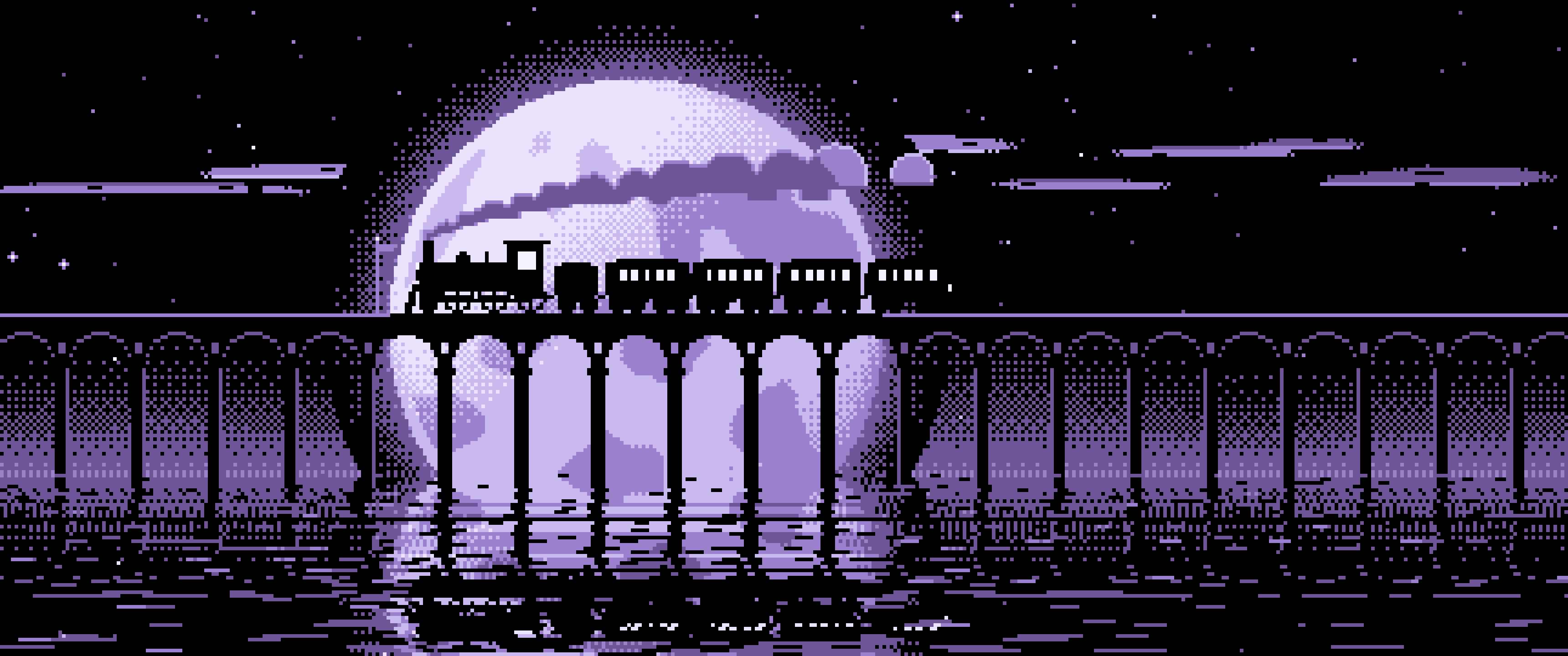 Lavender Pixel Art Steam Train and Full Moon ultrawide wallpaper, 3440 × 1440