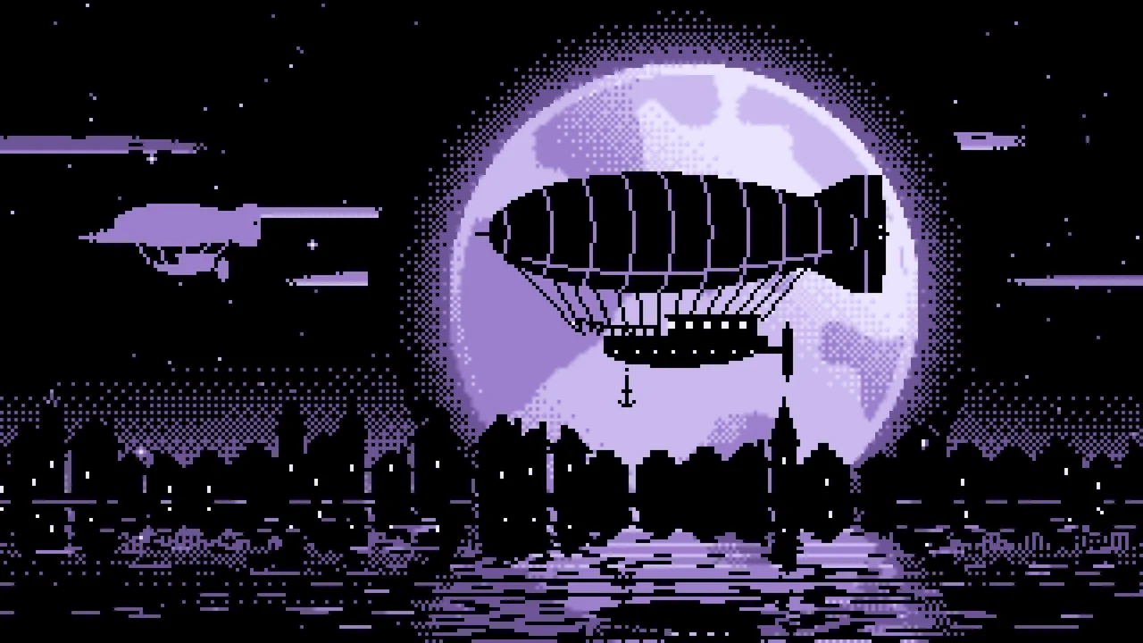 Lavender Pixel Art Steampunk Airship and Full Moon desktop wallpaper in 4K