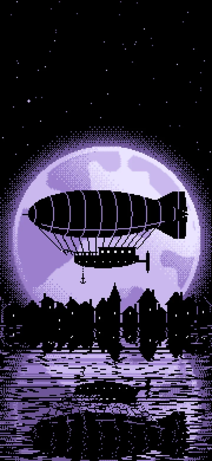Lavender Pixel Art Steampunk Airship and Full Moon wallpaper for iPhone and Android