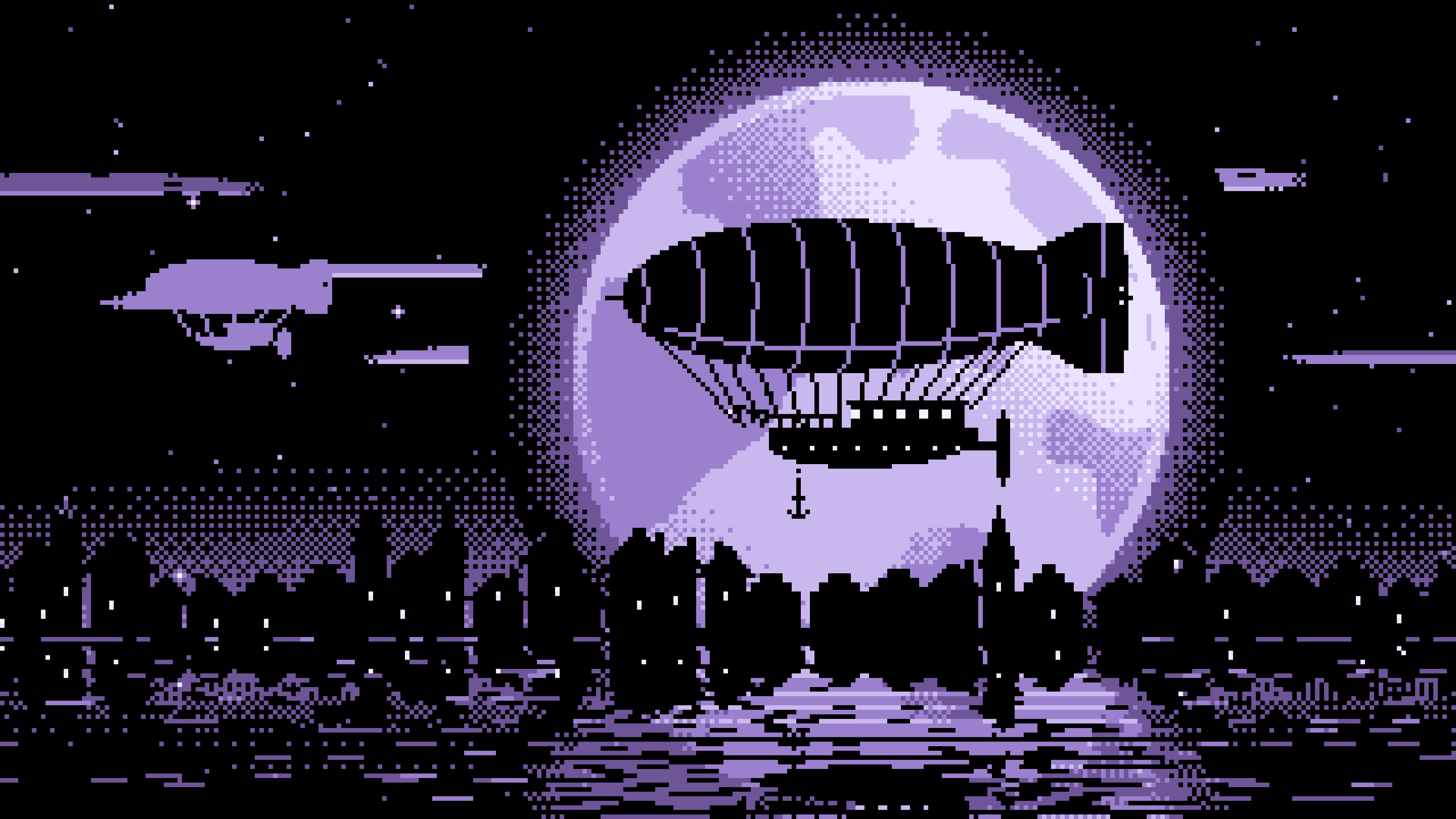 Lavender Pixel Art Steampunk Airship and Full Moon desktop wallpaper in 4K