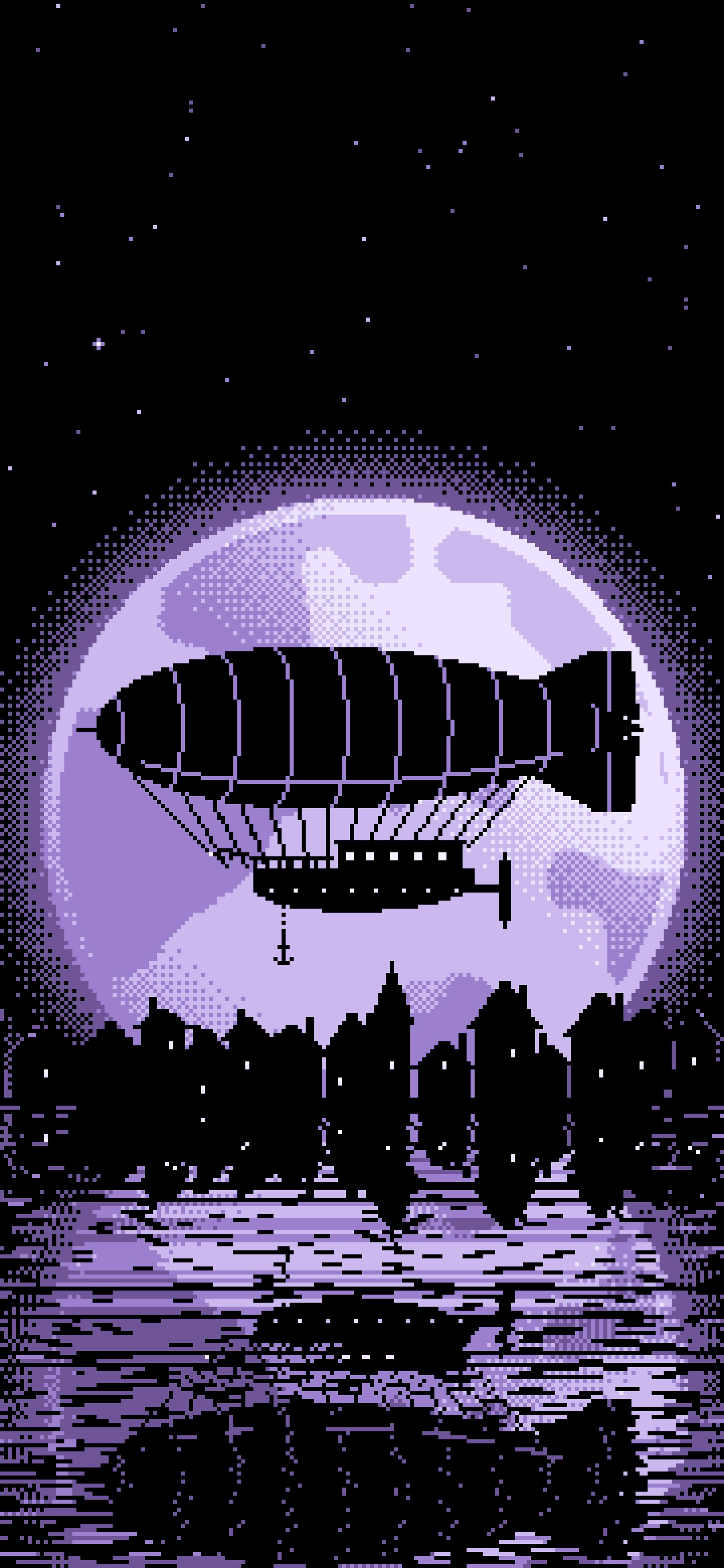 Lavender Pixel Art Steampunk Airship and Full Moon wallpaper for iPhone and Android