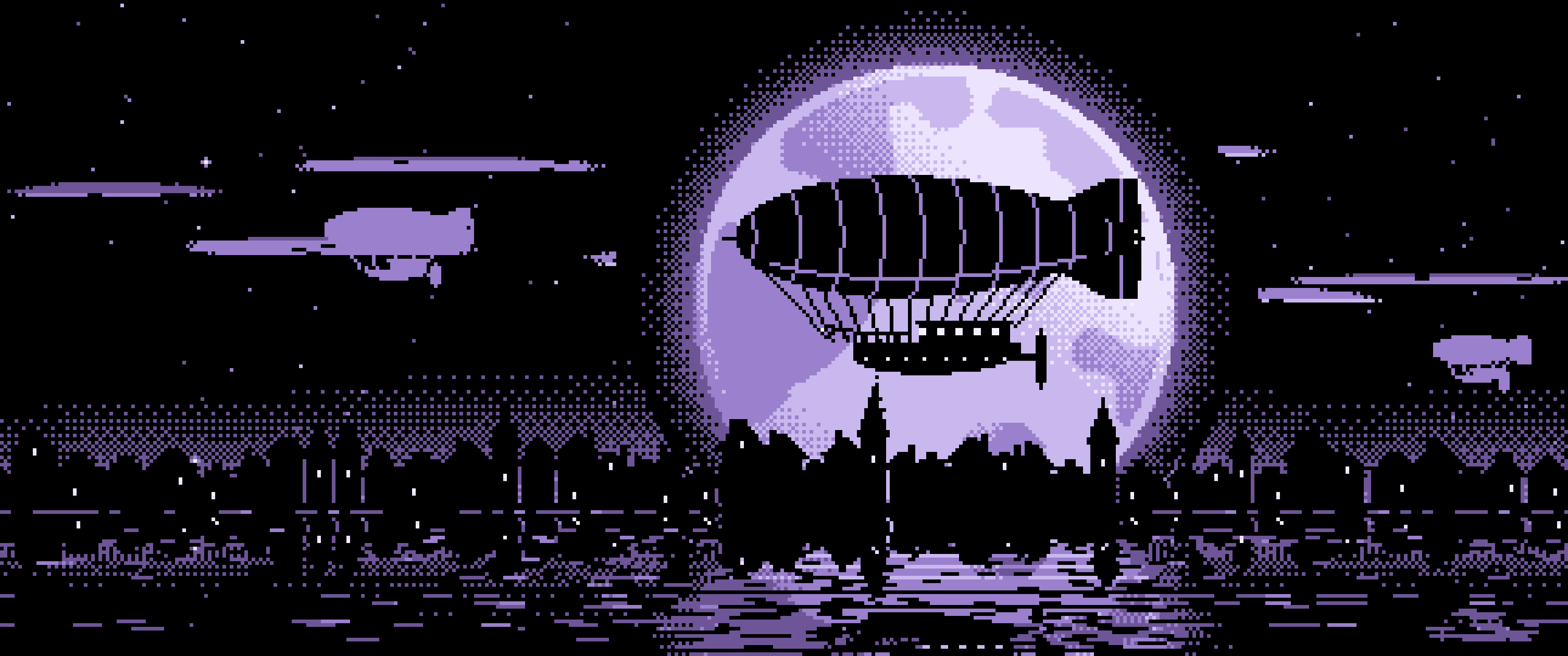 Lavender Pixel Art Steampunk Airship and Full Moon ultrawide wallpaper, 3440 × 1440